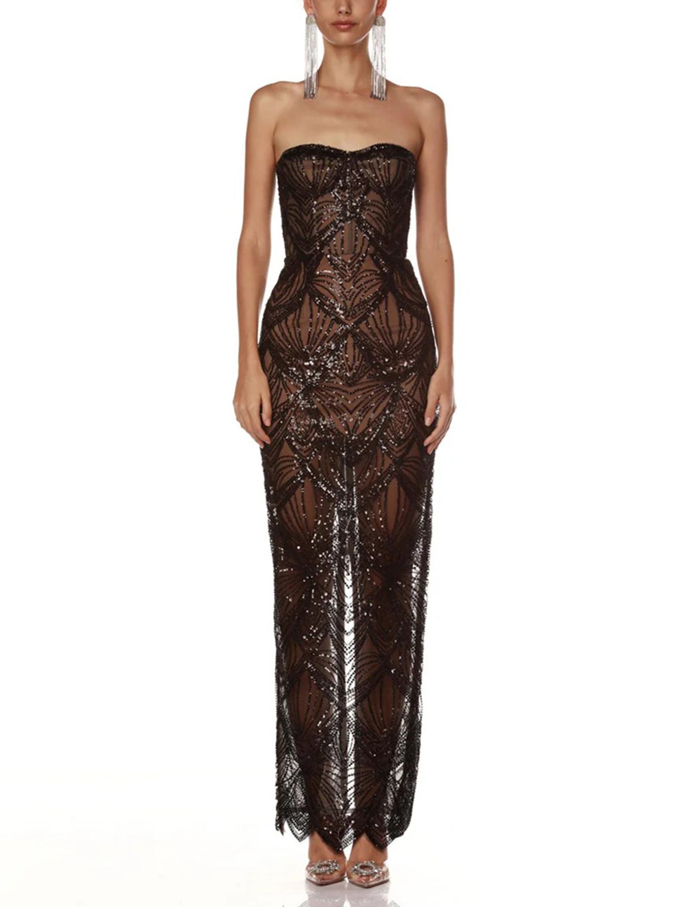 Sheer Sequin Strapless Gown