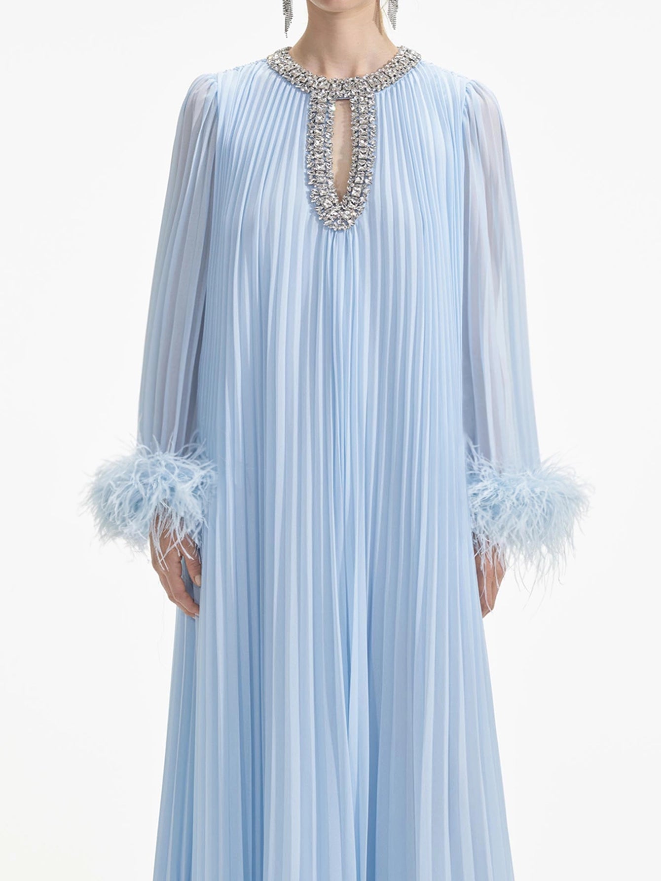 Feathered Cuff Embellished Pleated Gown