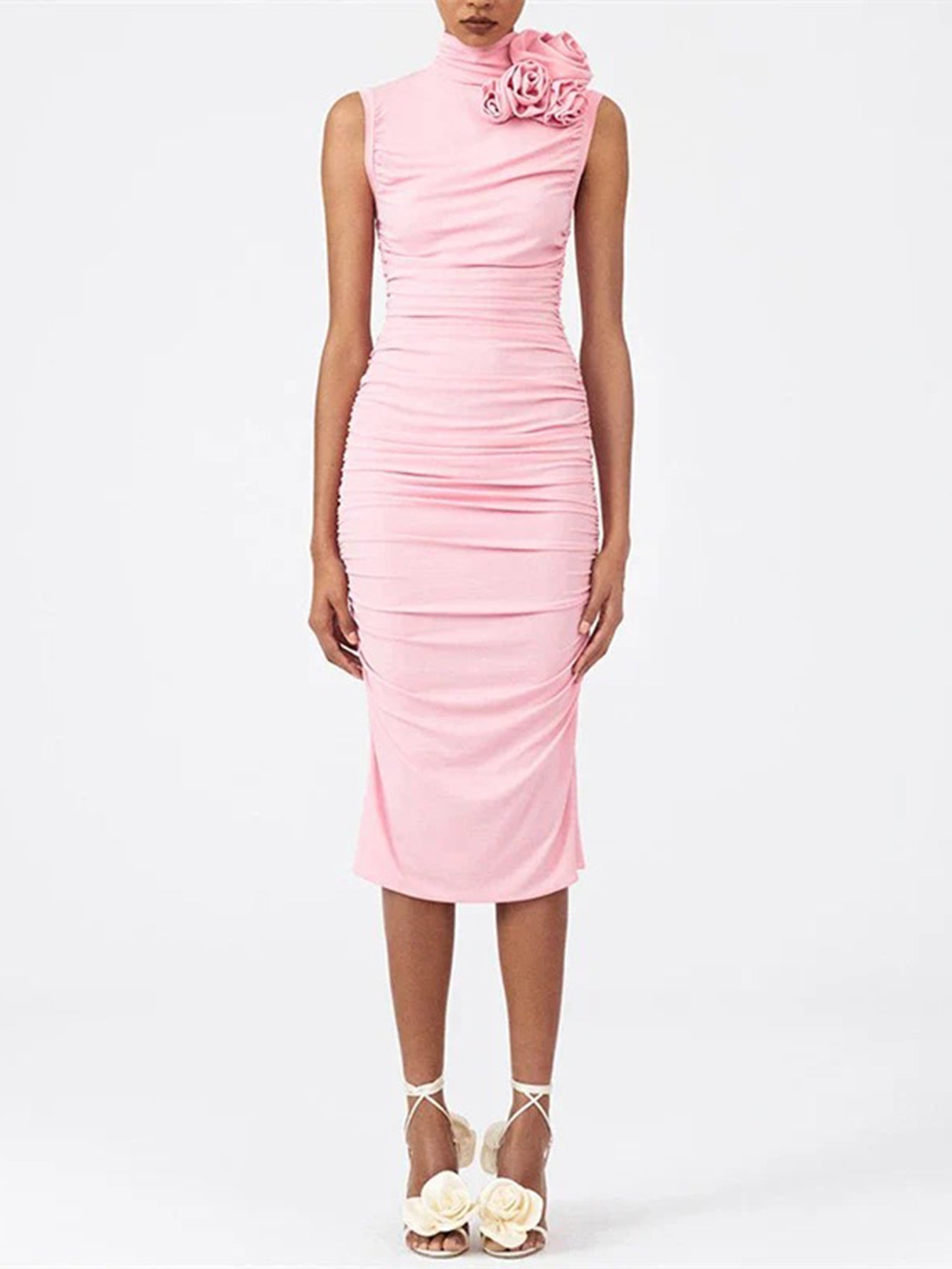 Romantic Ruched Midi Dress with Rosette Detail