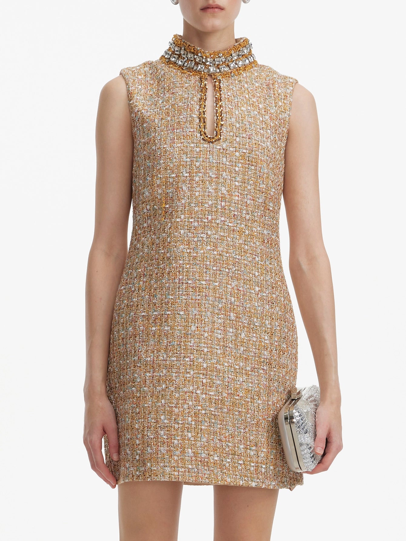 Chic Tweed Shift Dress with Crystal Collar