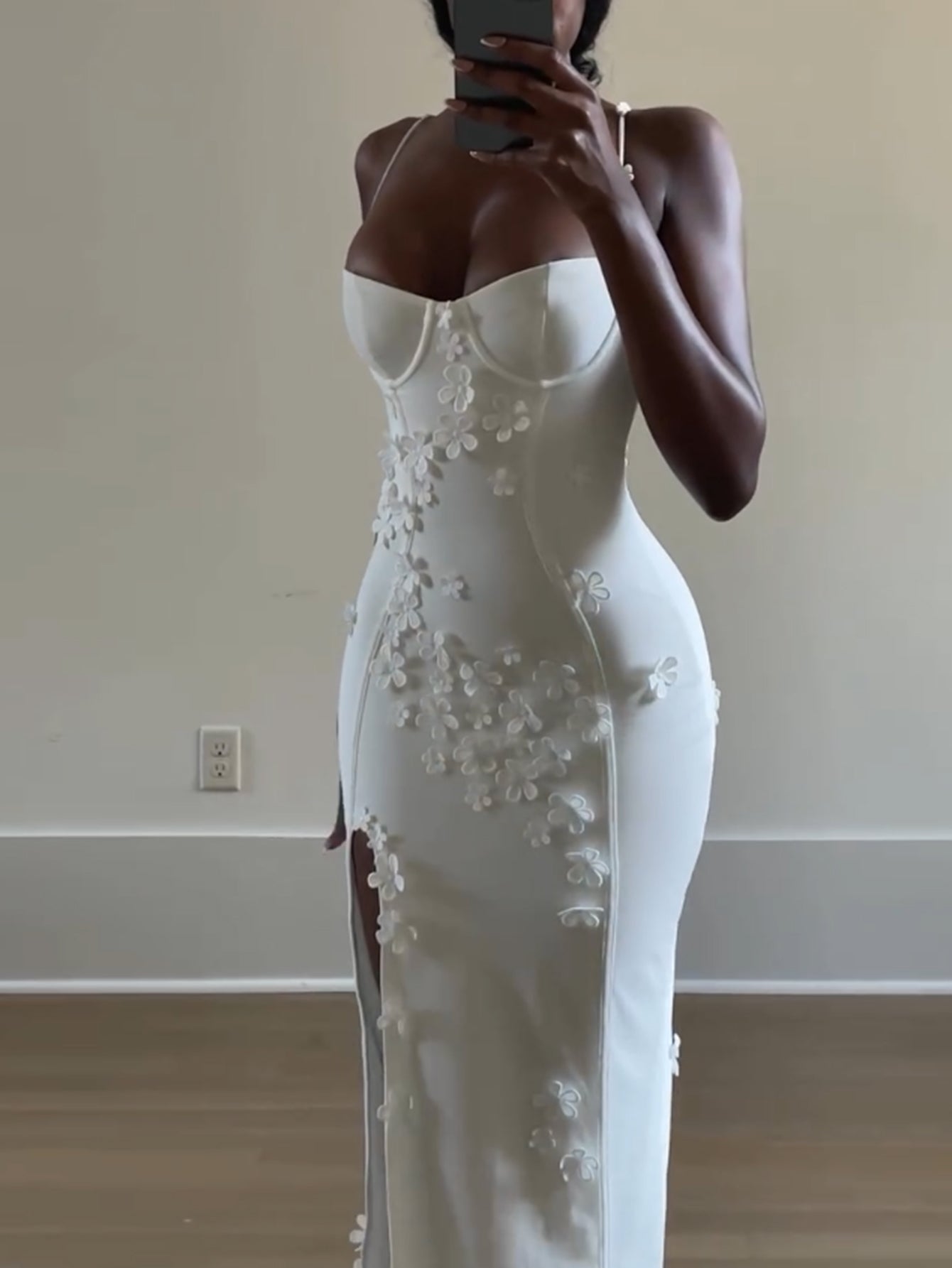 Floral Embellished White Gown with Slit