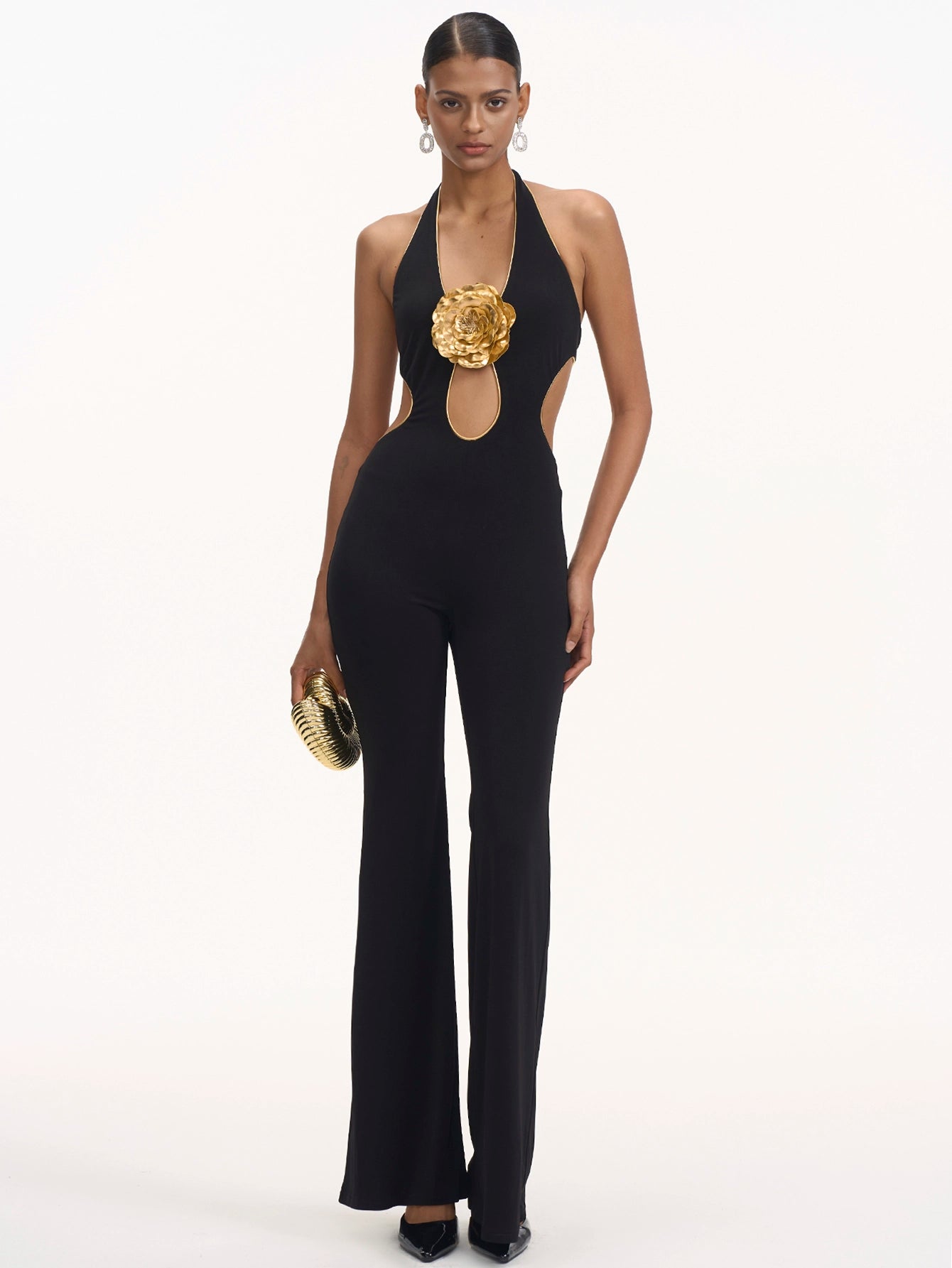 Elegant Jumpsuit with Rose Brooch