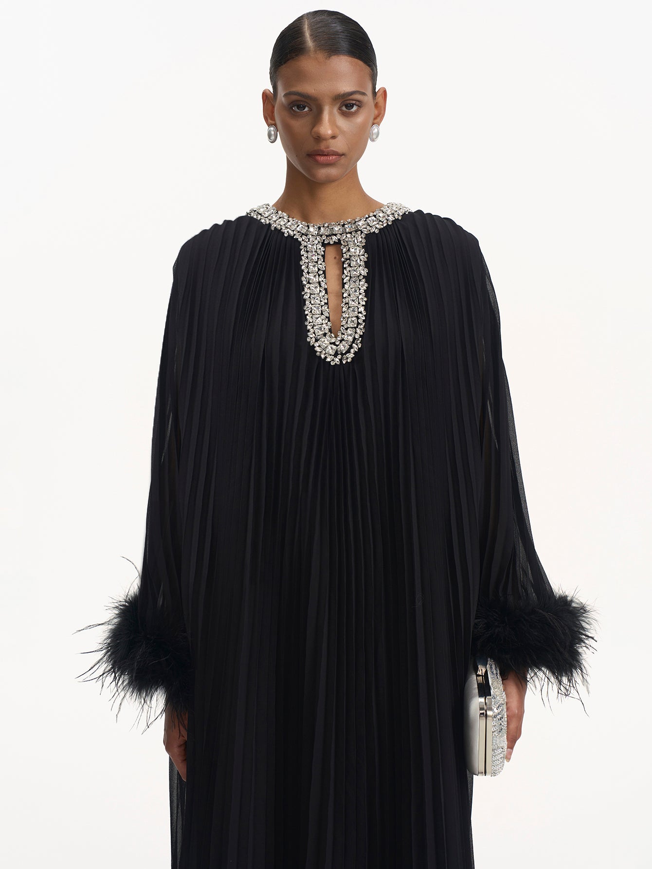 Feathered Cuff Embellished Pleated Gown