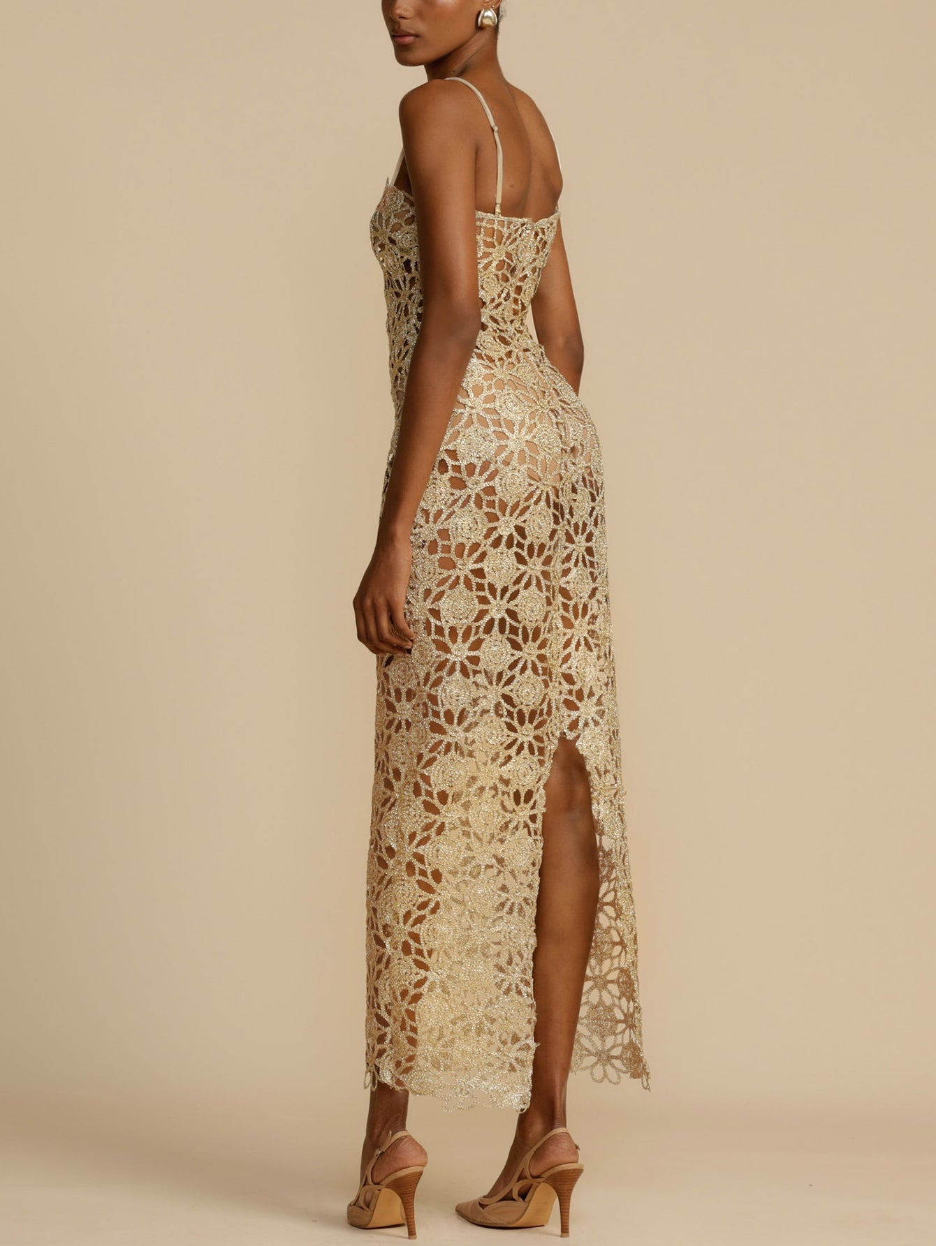 Halterneck Midi Dress with Intricate Crochet Detailing