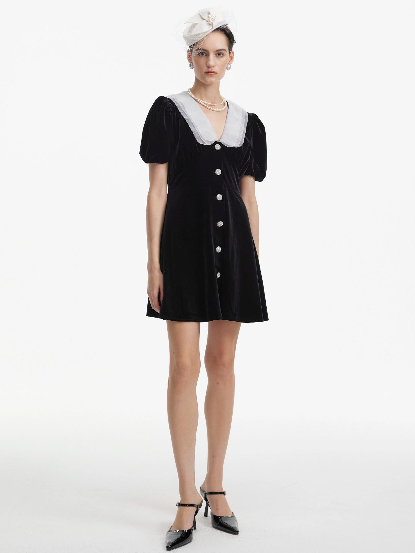 Peter Pan Collar Button Front Velvet Dress