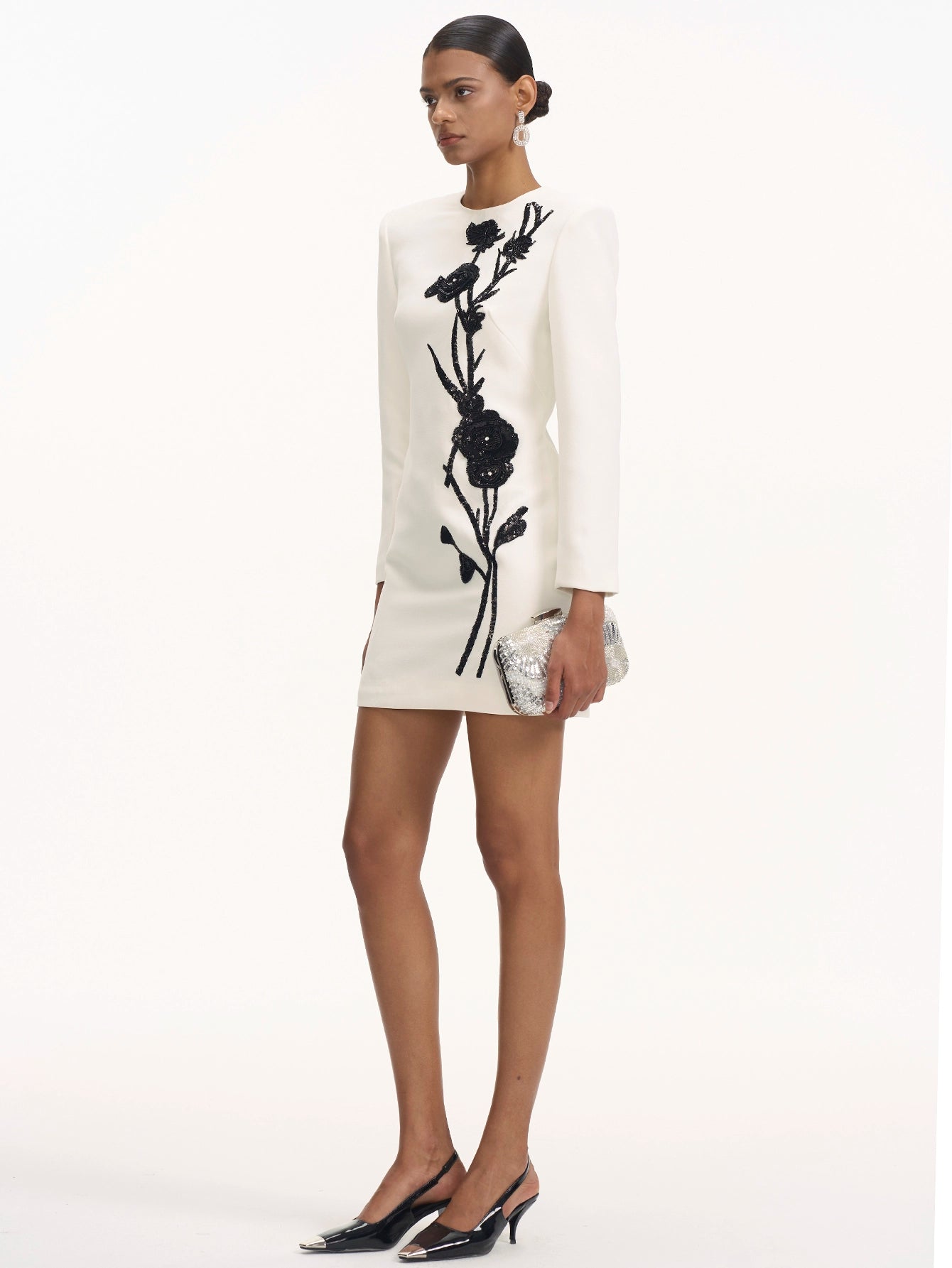 Floral Embroidered White Mini Dress with Long Sleeves(Silvia)