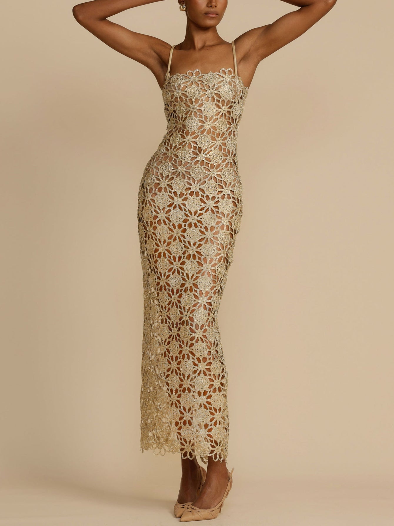 Halterneck Midi Dress with Intricate Crochet Detailing