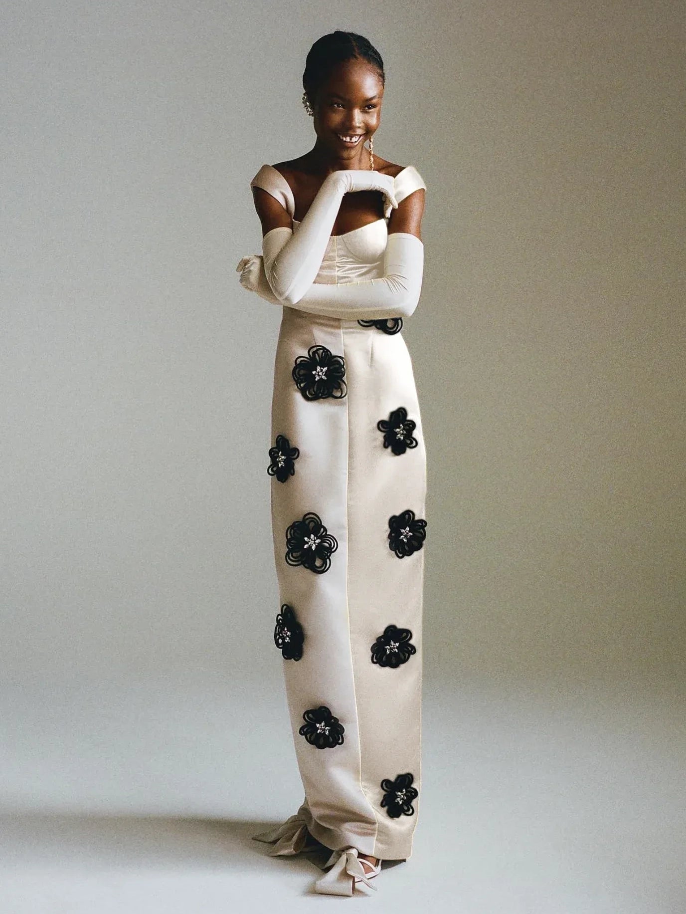 Cream Floral Applique Jumpsuit with Gloves