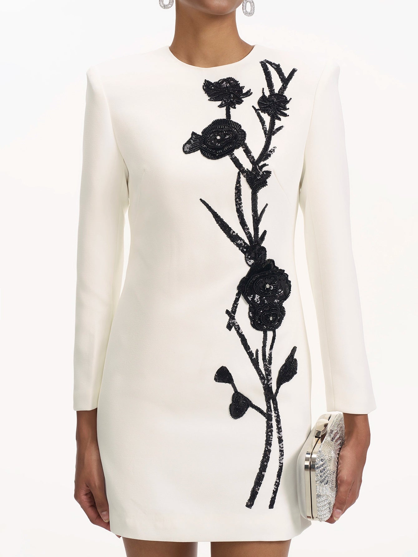 Floral Embroidered White Mini Dress with Long Sleeves(Silvia)