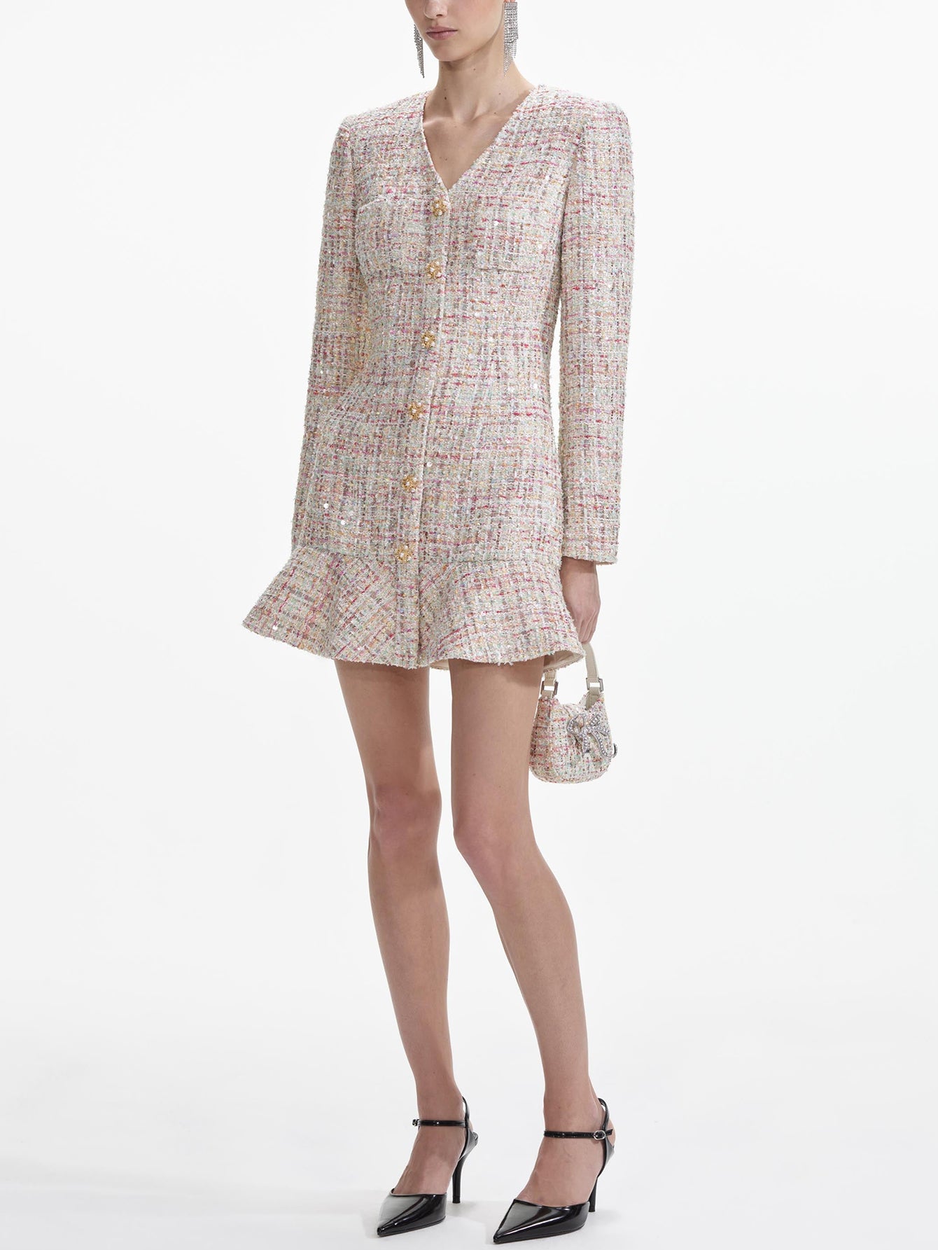 Long-Sleeved Sequined Tweed Mini Dress