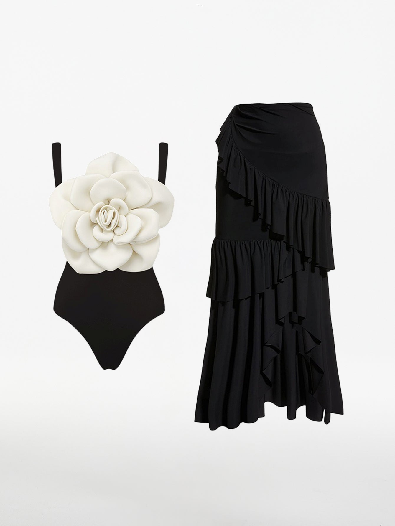 Floral Accent Swimsuit & Ruffle Skirt Set