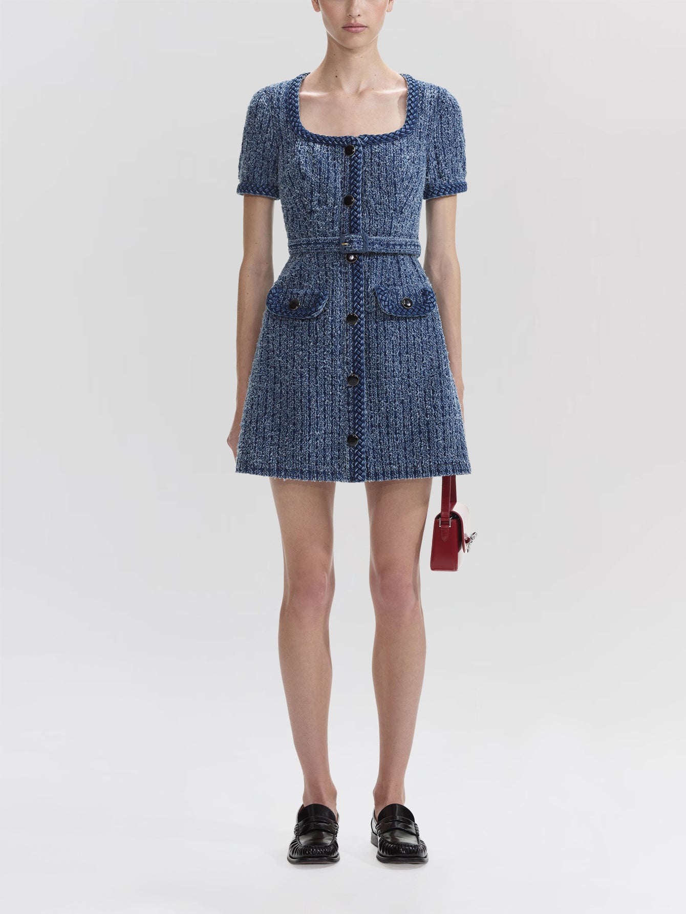 Tweed Belted Mini Dress with Braided Trim