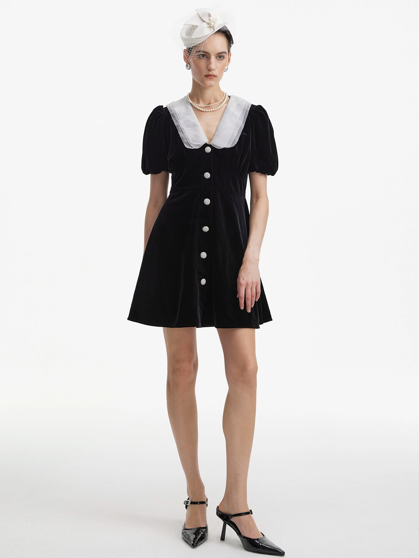 Peter Pan Collar Button Front Velvet Dress