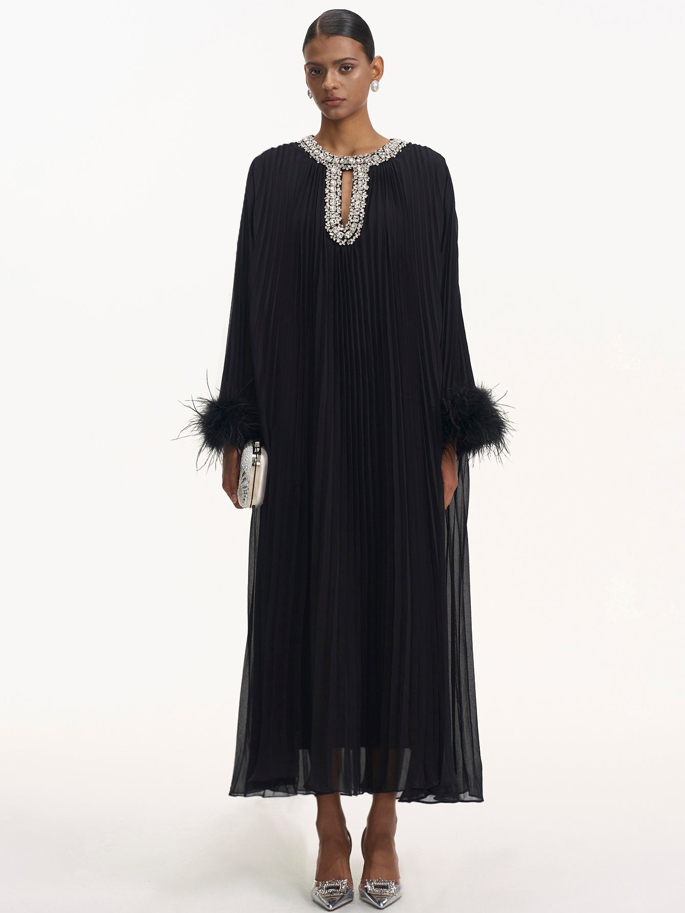 Feathered Cuff Embellished Pleated Gown