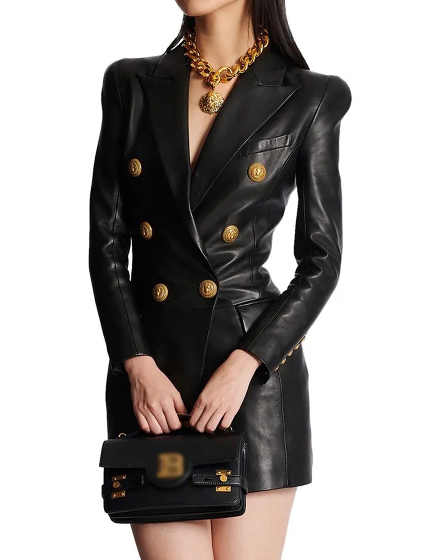 Leather Double-Breasted Blazer Dress