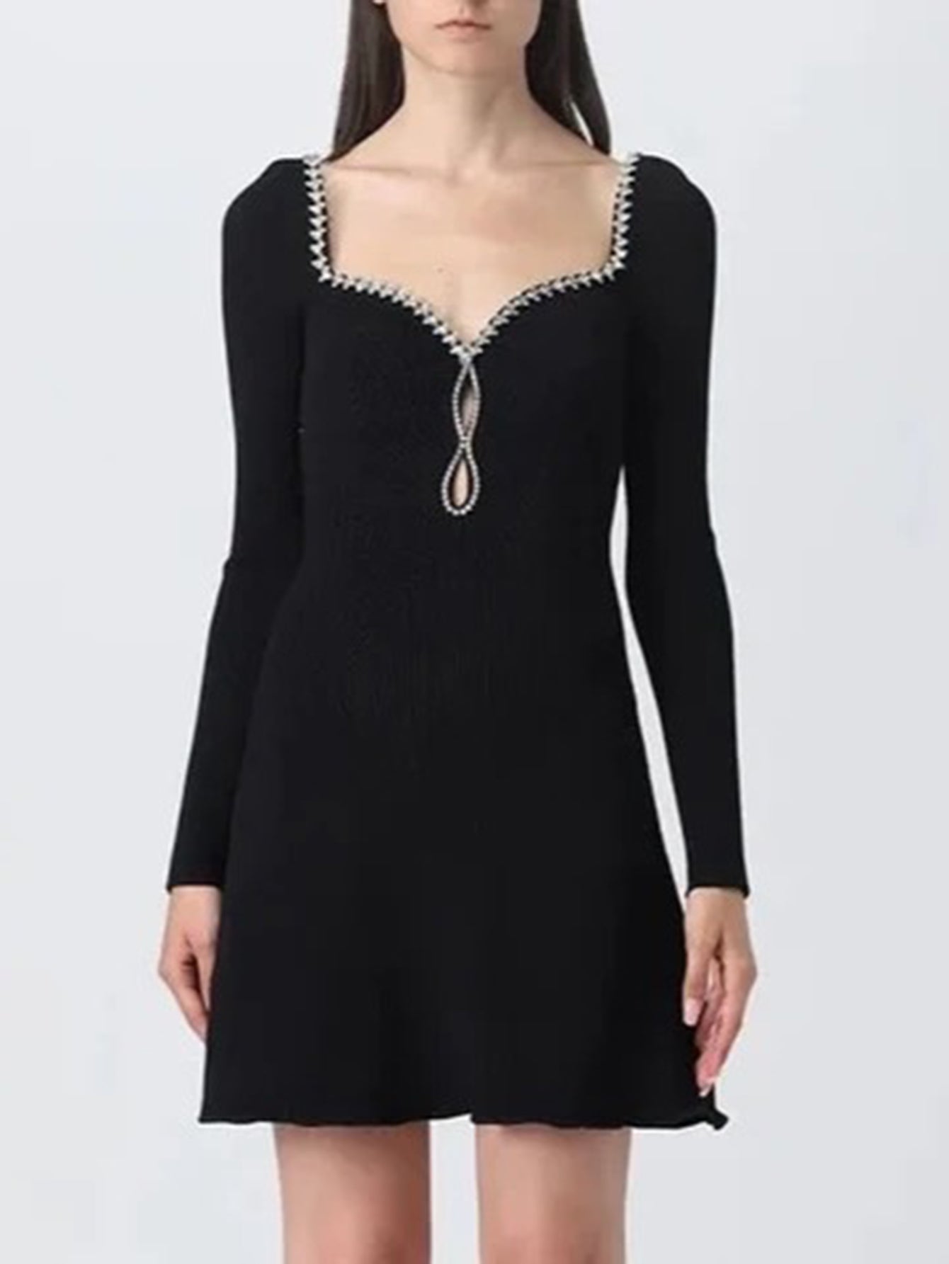 Knit Mini Dress with Crystal Embellished Neckline