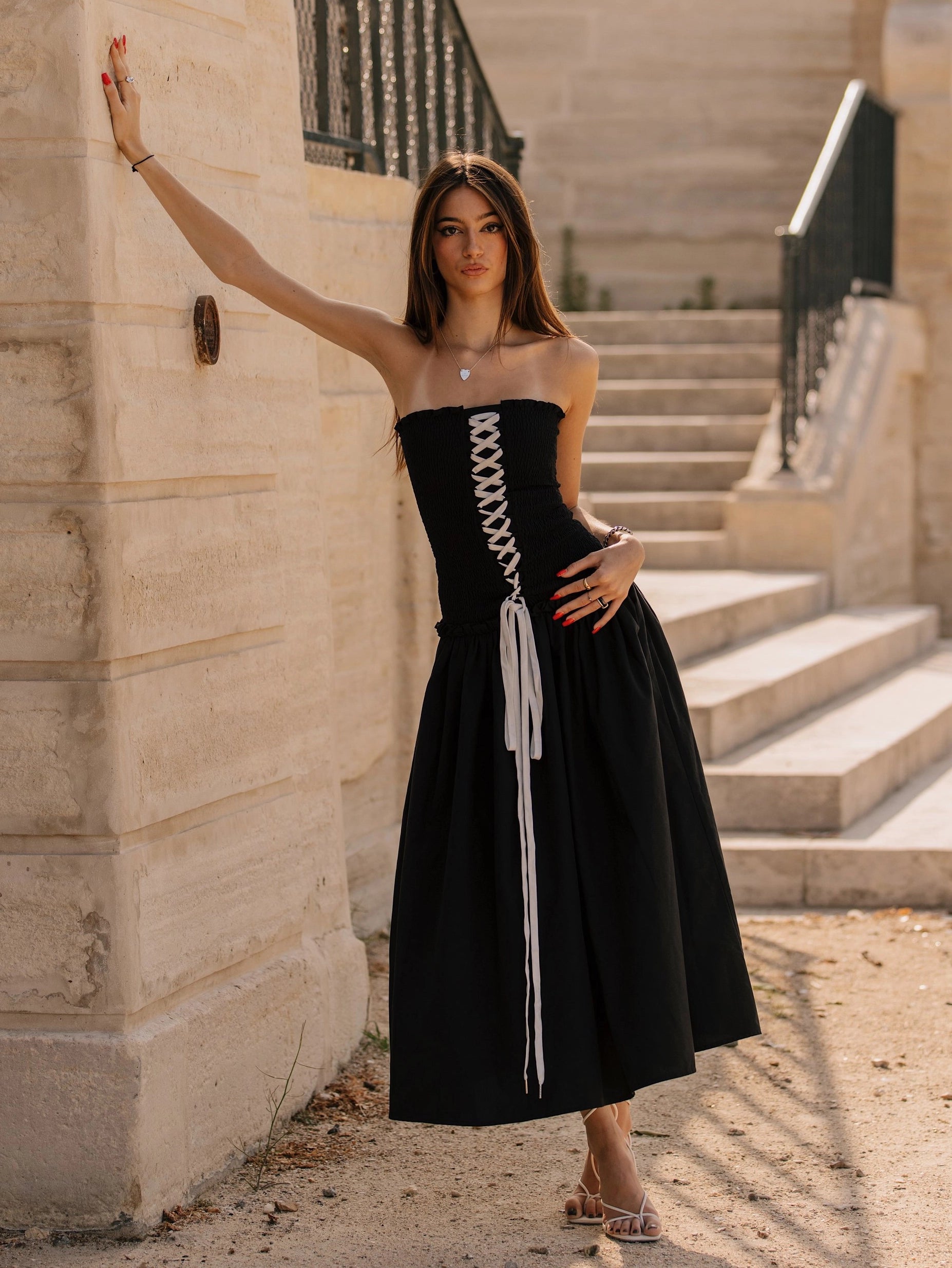 Elegant Lace-Up Corset Maxi Dress