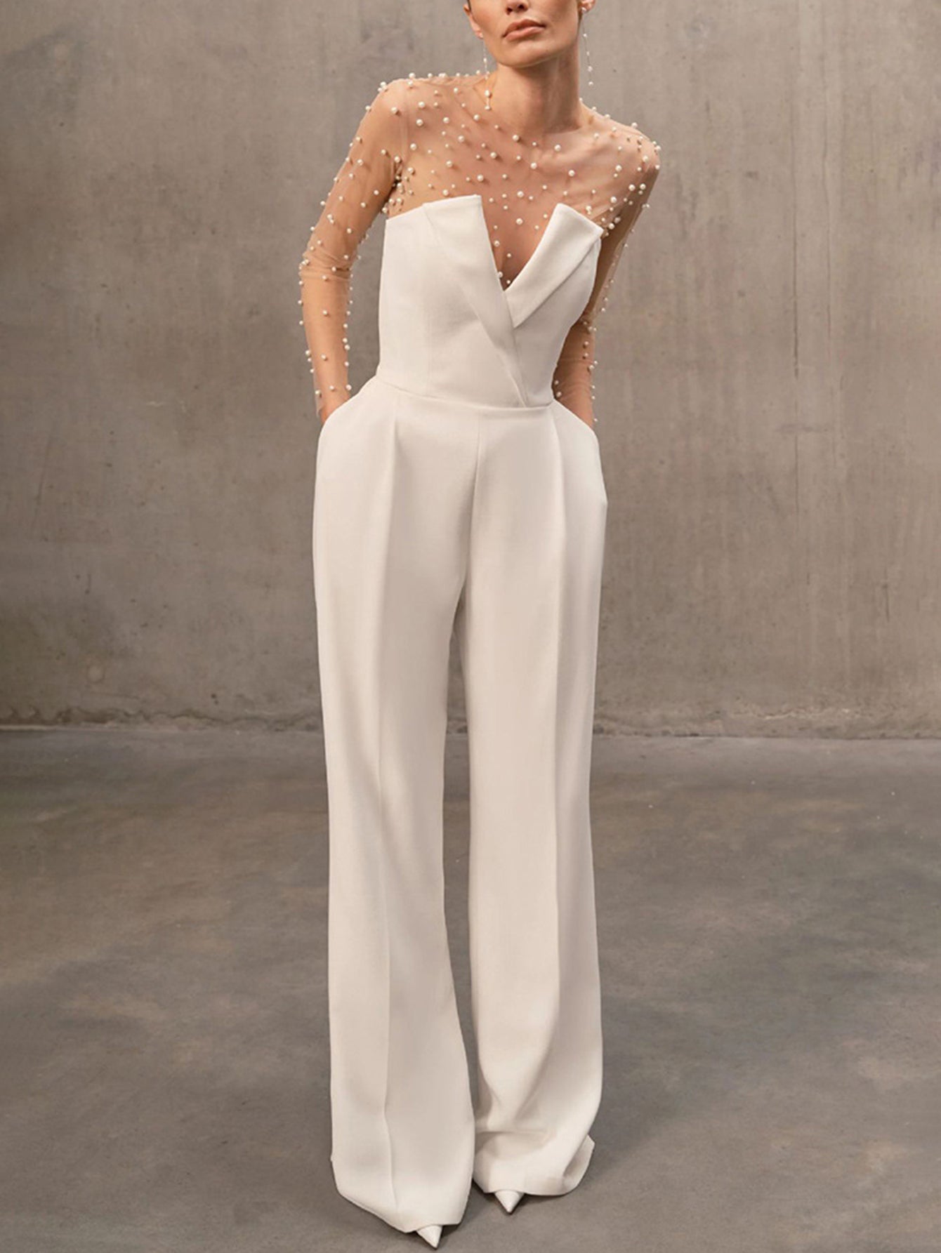 Pearl Beaded White Jumpsuit - Elegant Formal Wear for Women