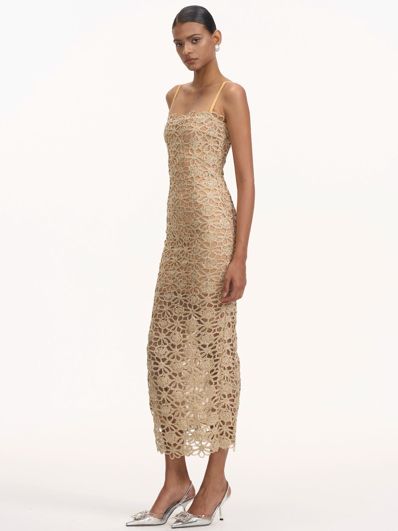 Halterneck Midi Dress with Intricate Crochet Detailing