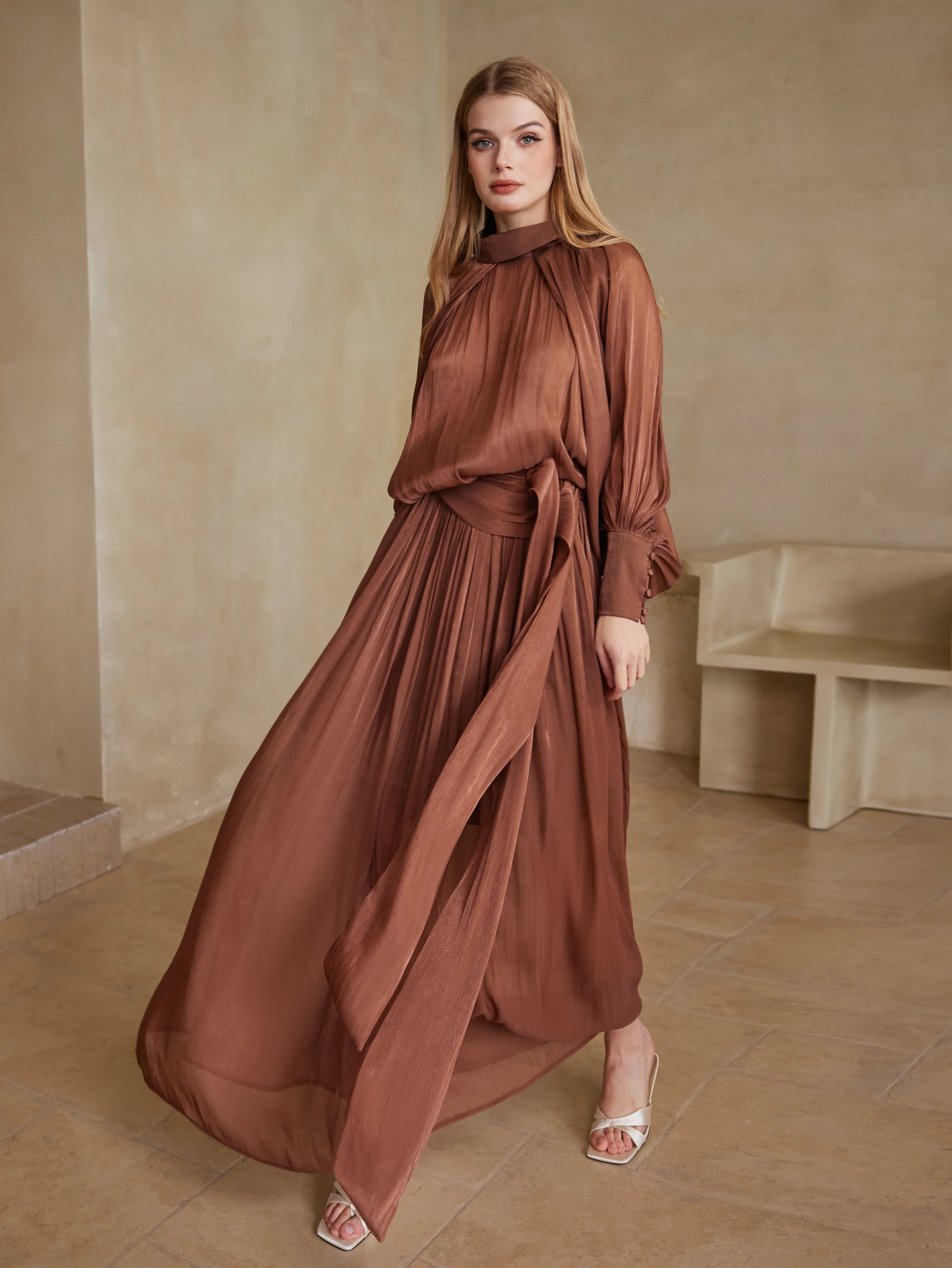 Elegant Silk-Touch Cape Top & Skirt Set