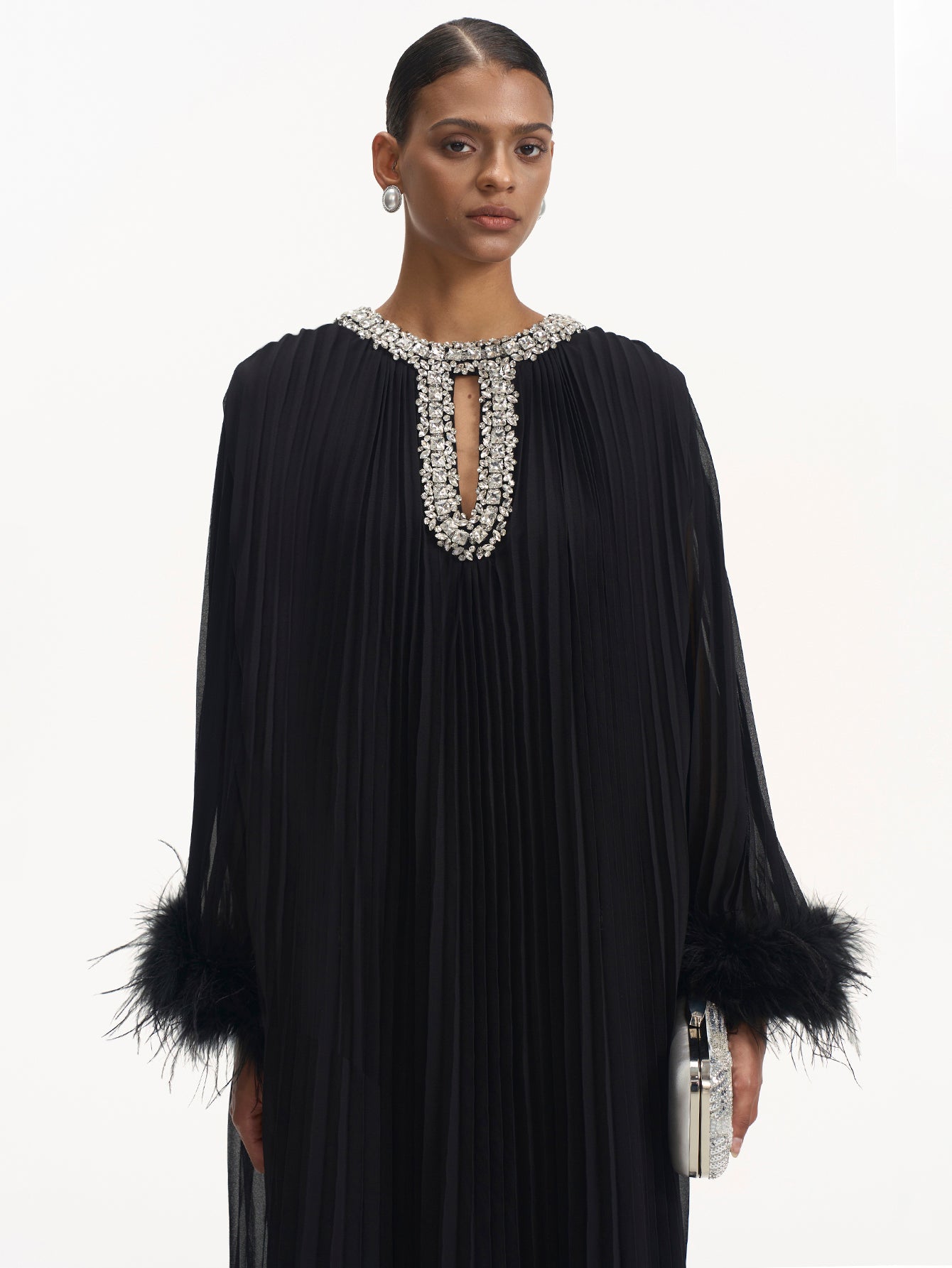 Feathered Cuff Embellished Pleated Gown