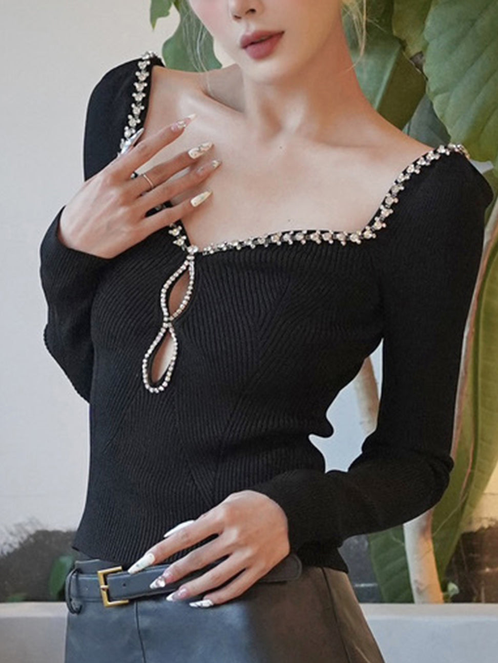 Square Neck Crystal-Embellished Knit Top