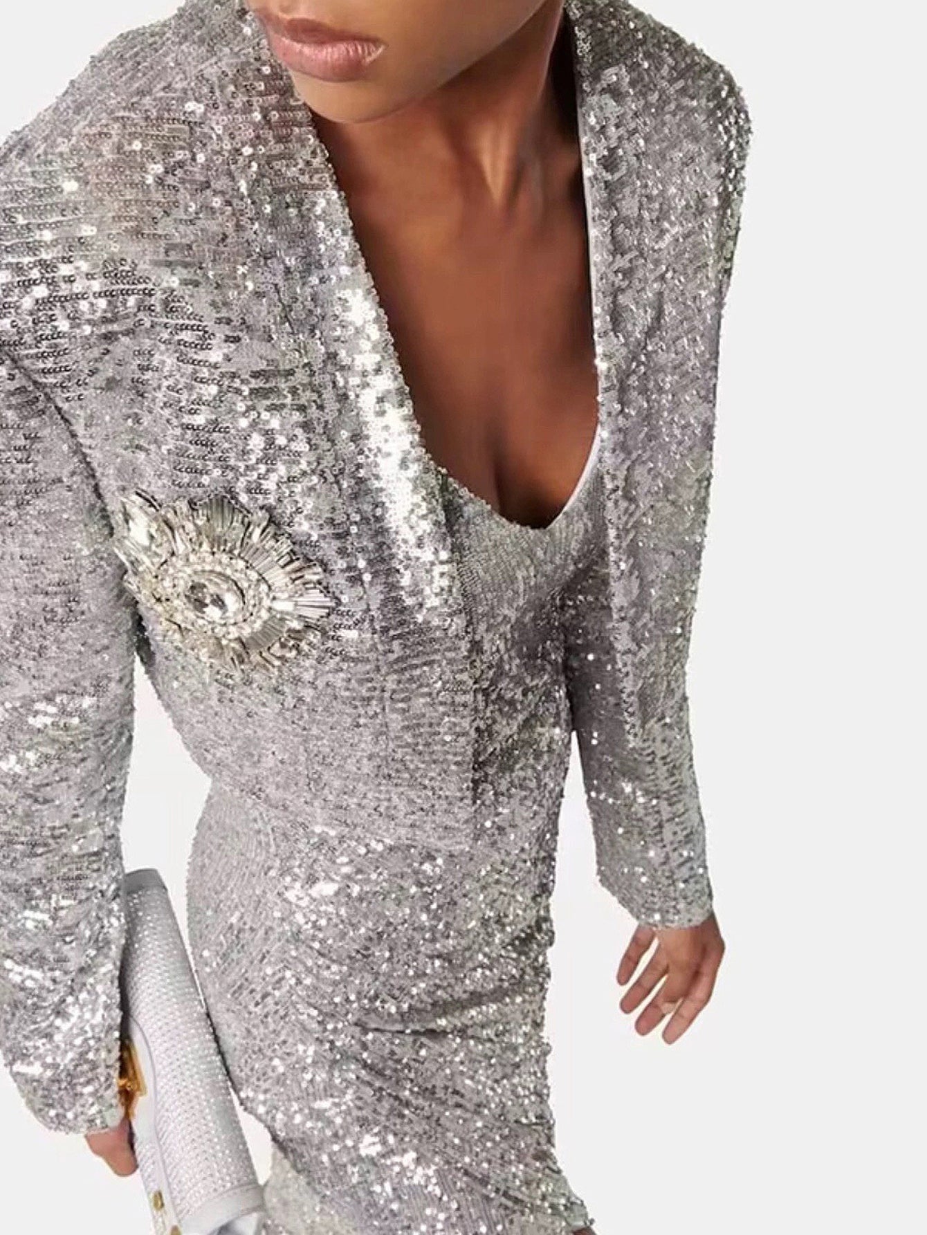 Sequin Cropped Jacket with Embellished Brooch