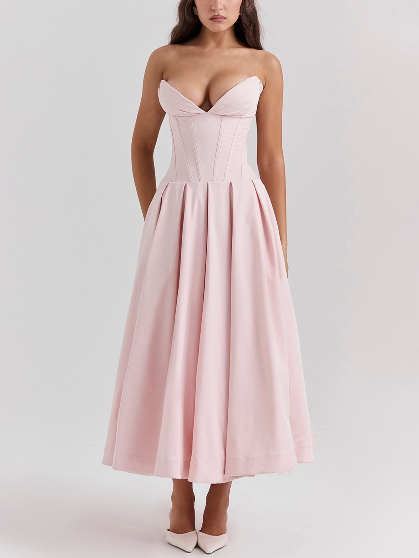 Solid Strapless Sleeveless Midi Dress