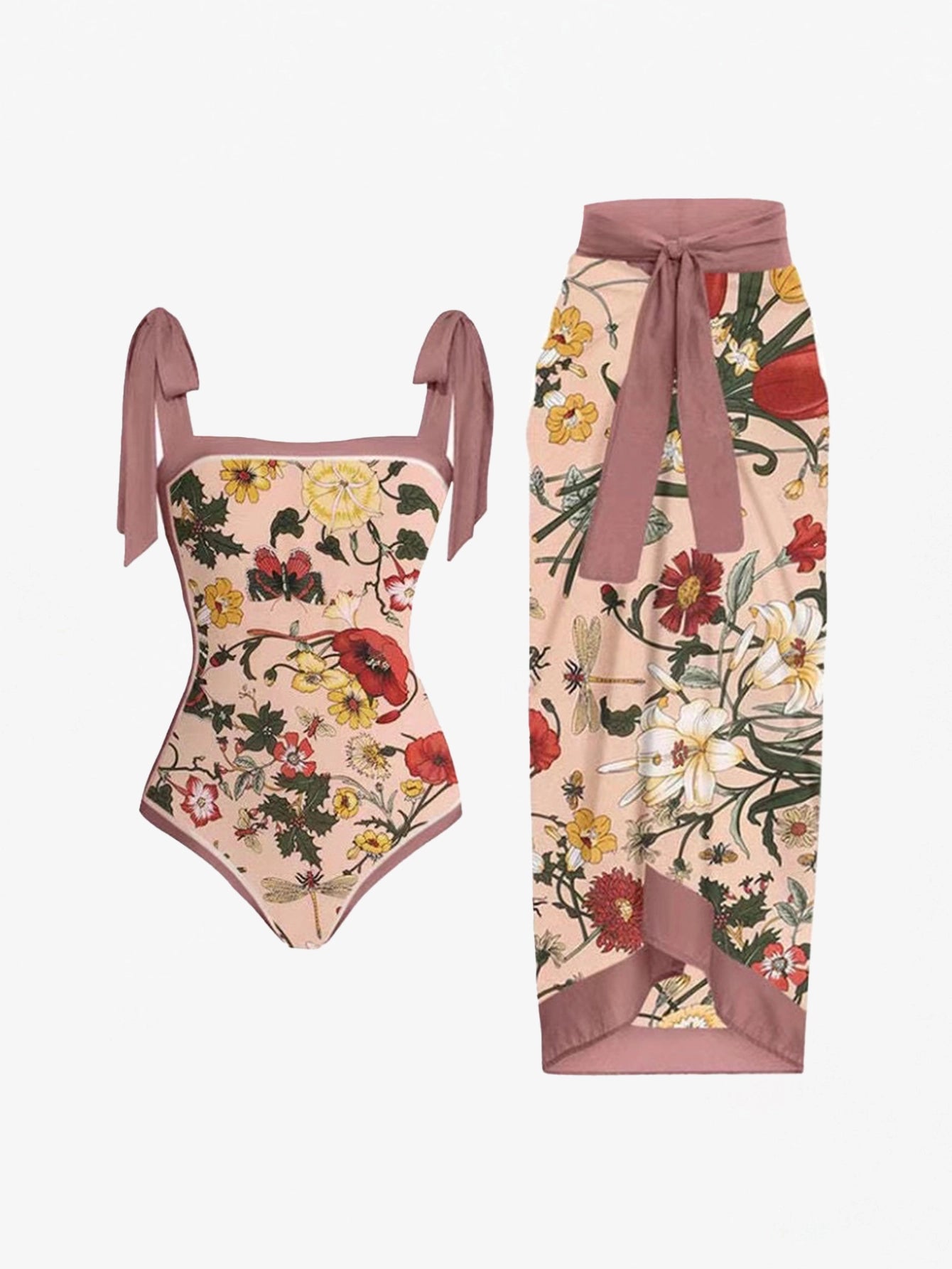 Vibrant Floral Print Swimsuit Two-Piece Set