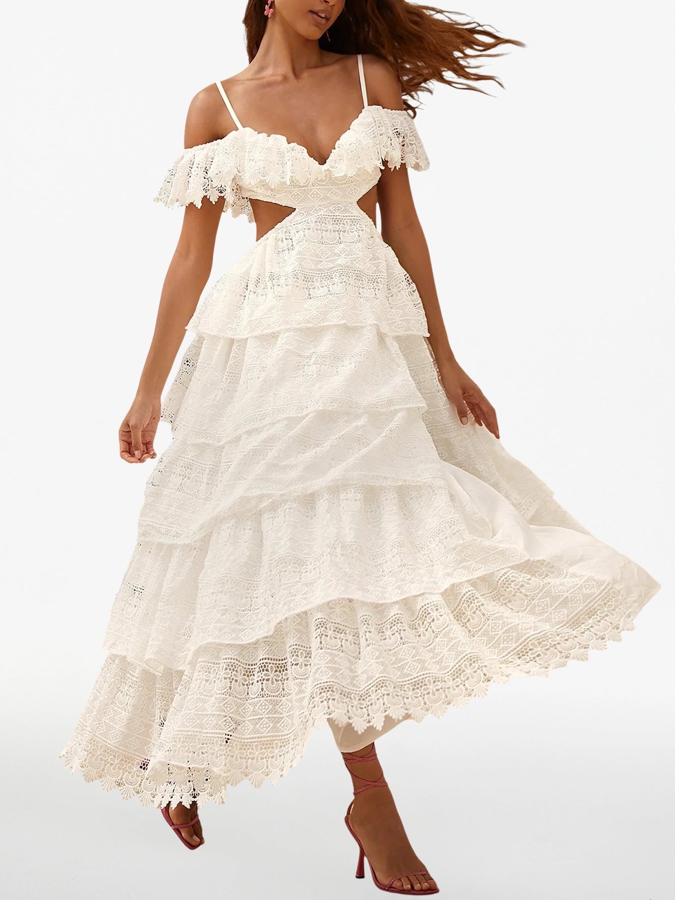 Elegant Suspender Tiered Lace Midi Dress