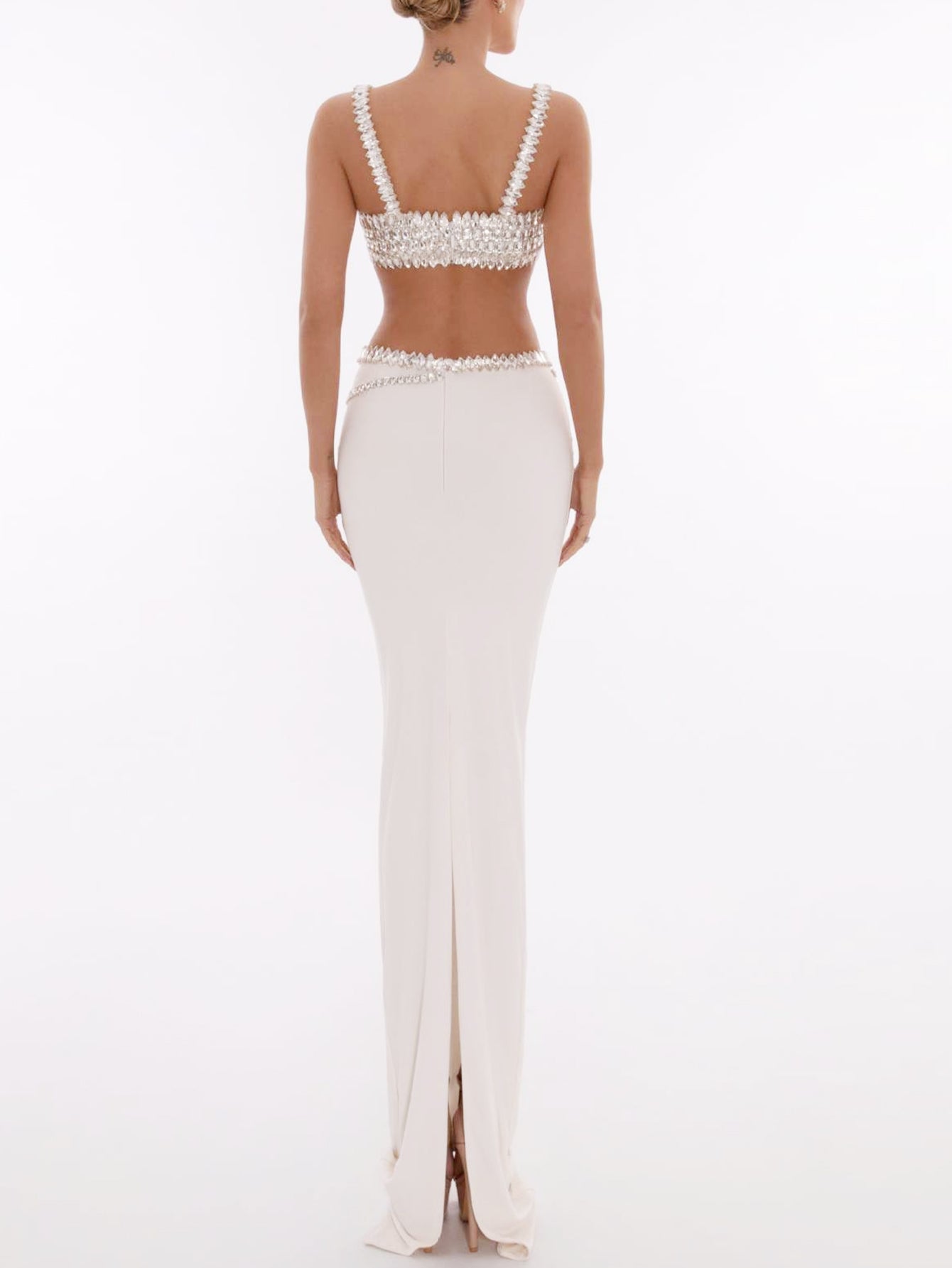 White Crystal-Embellished Gown with Cut-Out Detailing