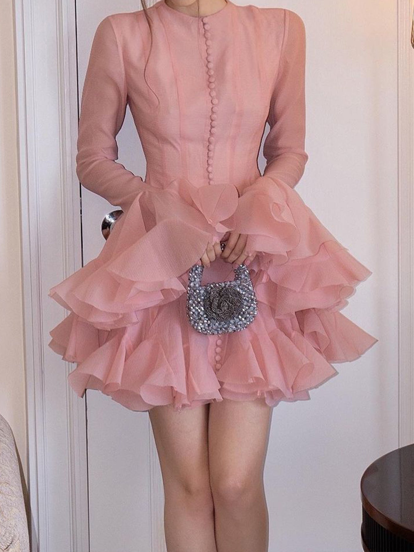 Chic Pink Ruffle Mini Dress with Long Sleeves - Perfect for Cocktail Parties