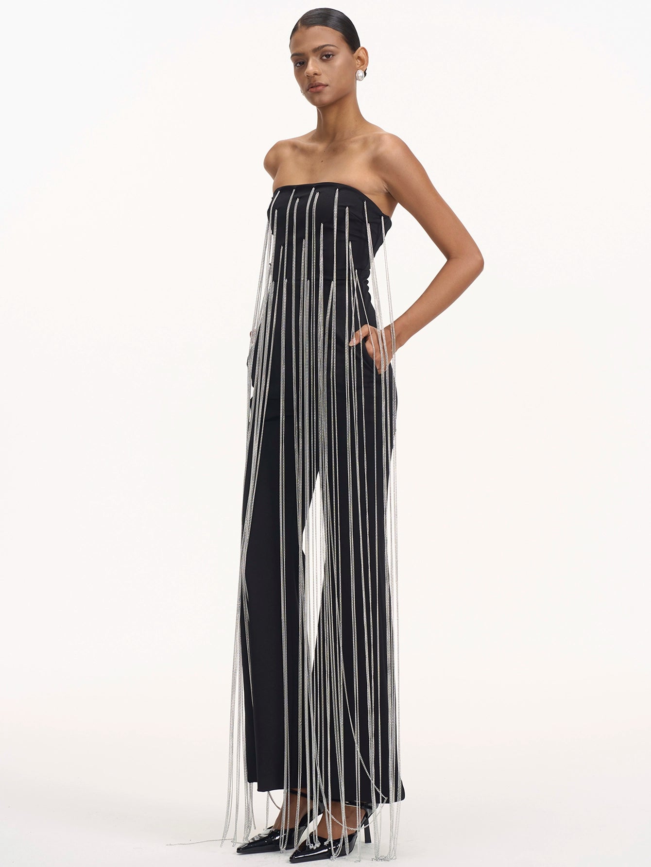 Cascading Chain Tassel Off-The-Shoulder Gown