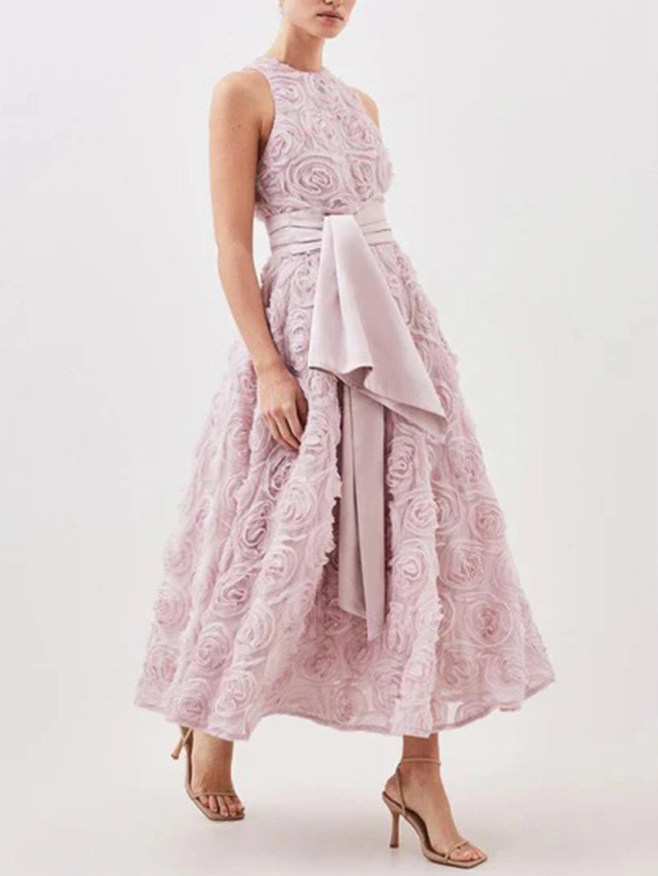 Rose Textured Midi Dress with Sash