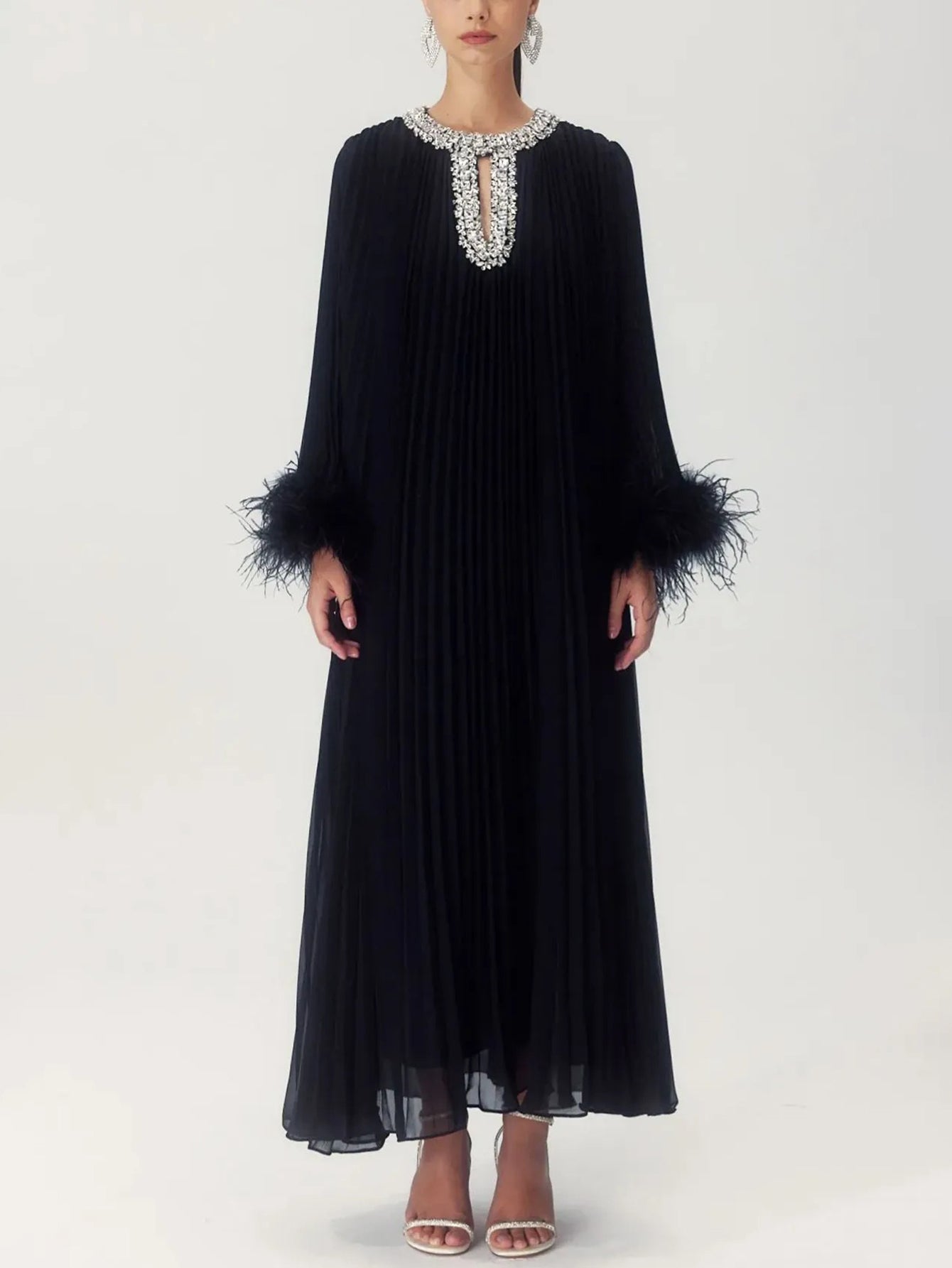 Feathered Cuff Embellished Pleated Gown