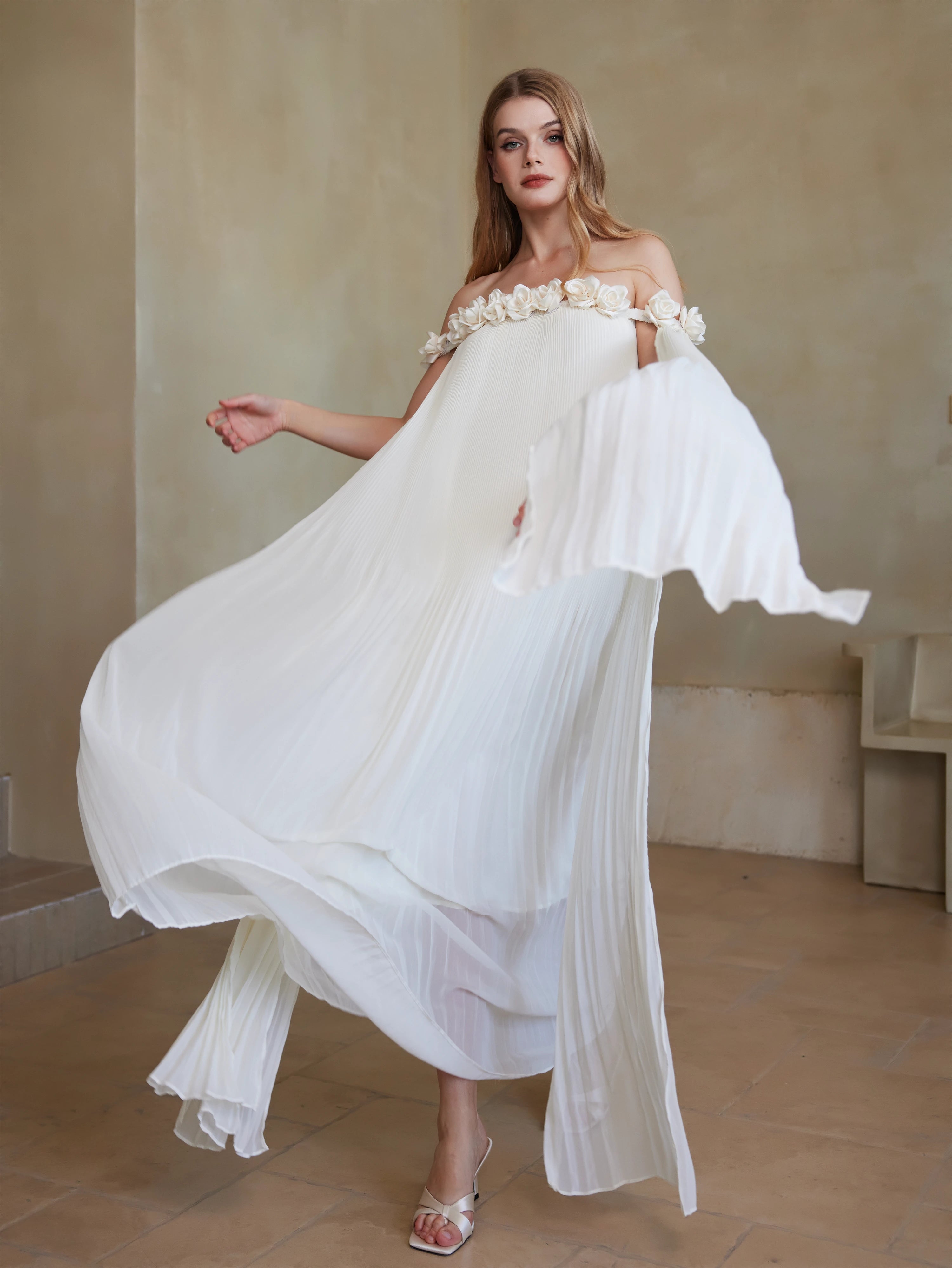 Flowy Off-Shoulder Pleated Gown