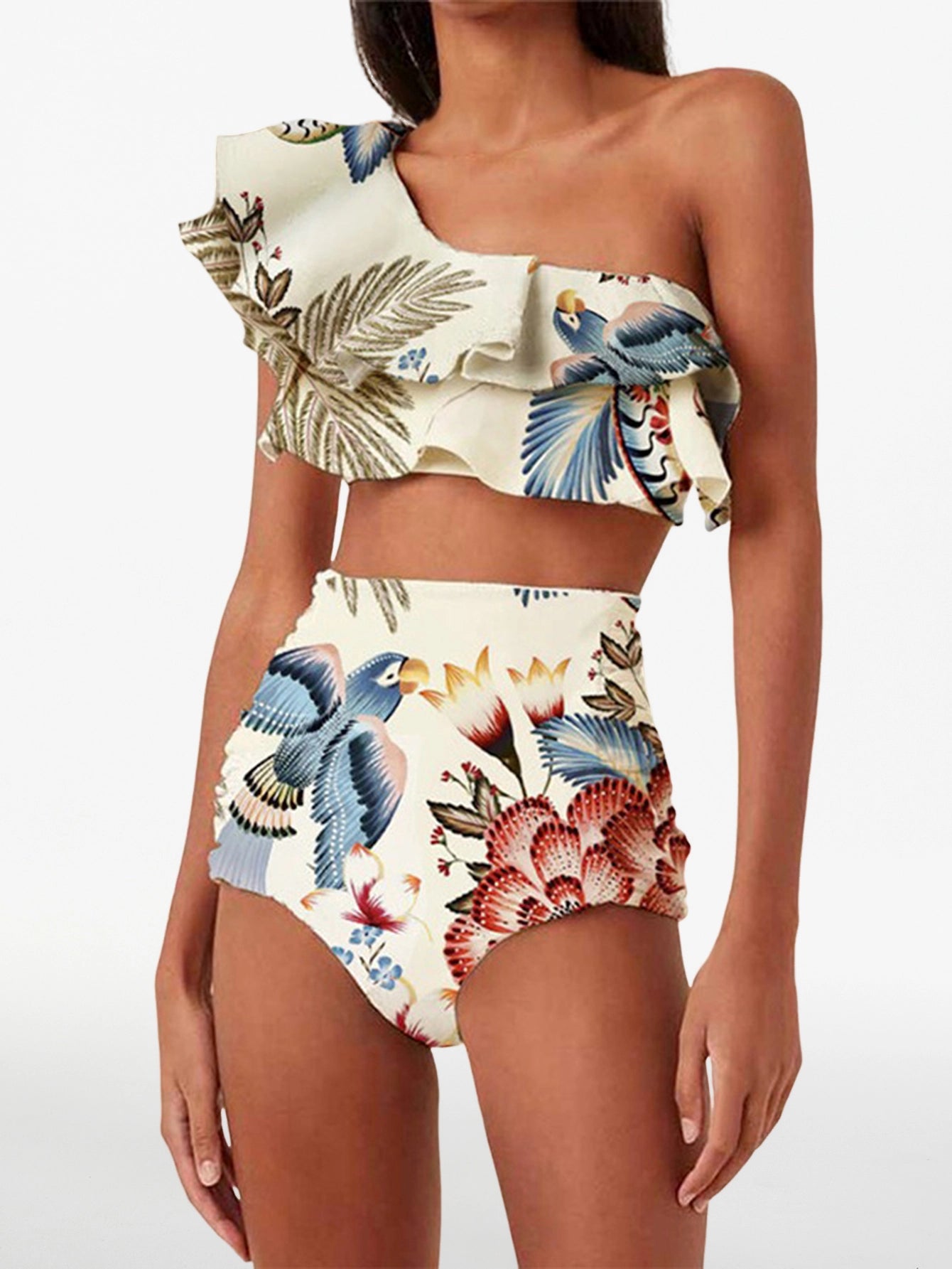 High-Waist Ruffle Bird Print Swimwear