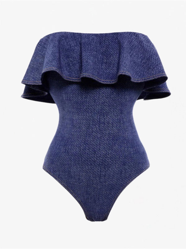 Off-Shoulder Ruffle Denim Swimsuit