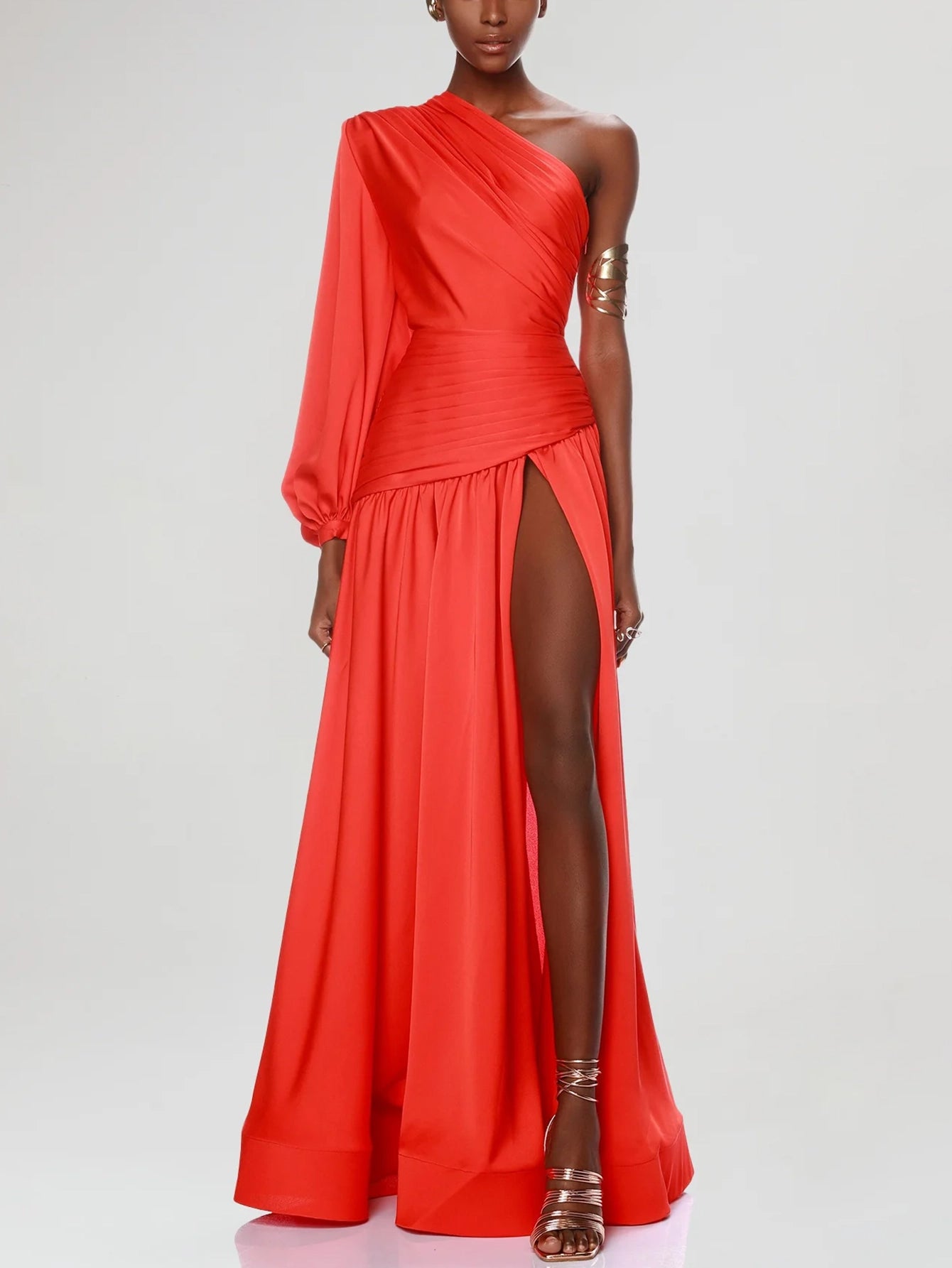 Red One-Sleeve High Slit Maxi Dress - Bold & Dramatic