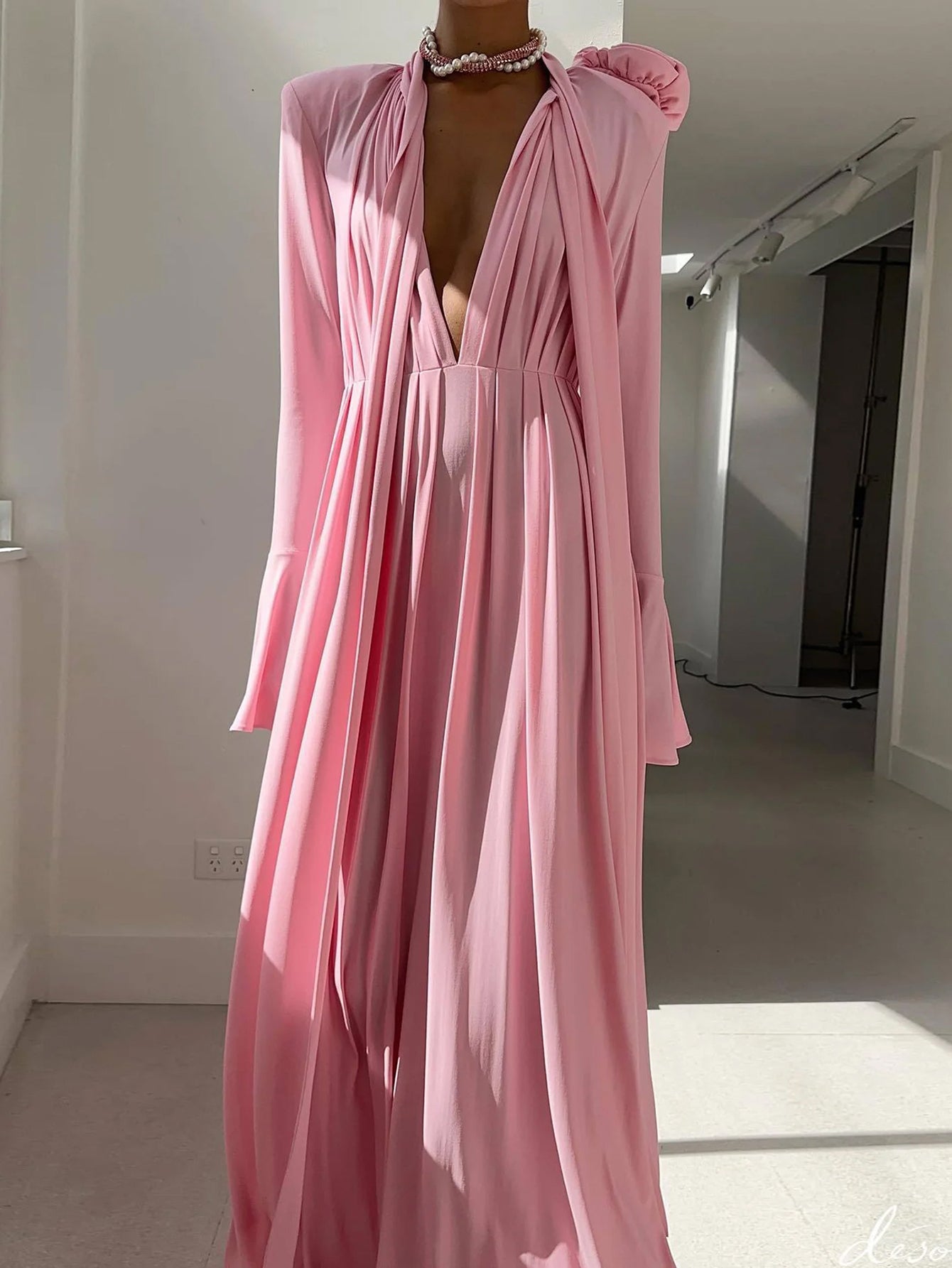 Pink Deep V-Neck Gown with Rose Embellishment