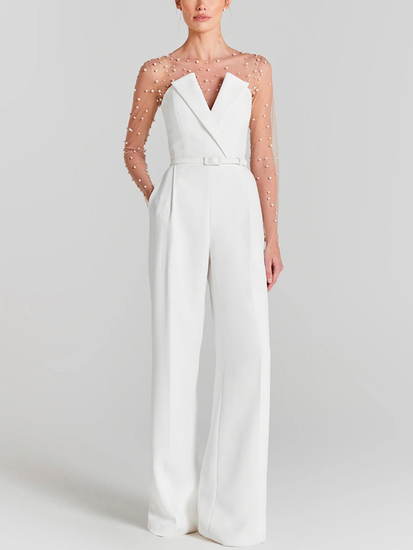 Pearl Beaded White Jumpsuit - Elegant Formal Wear for Women