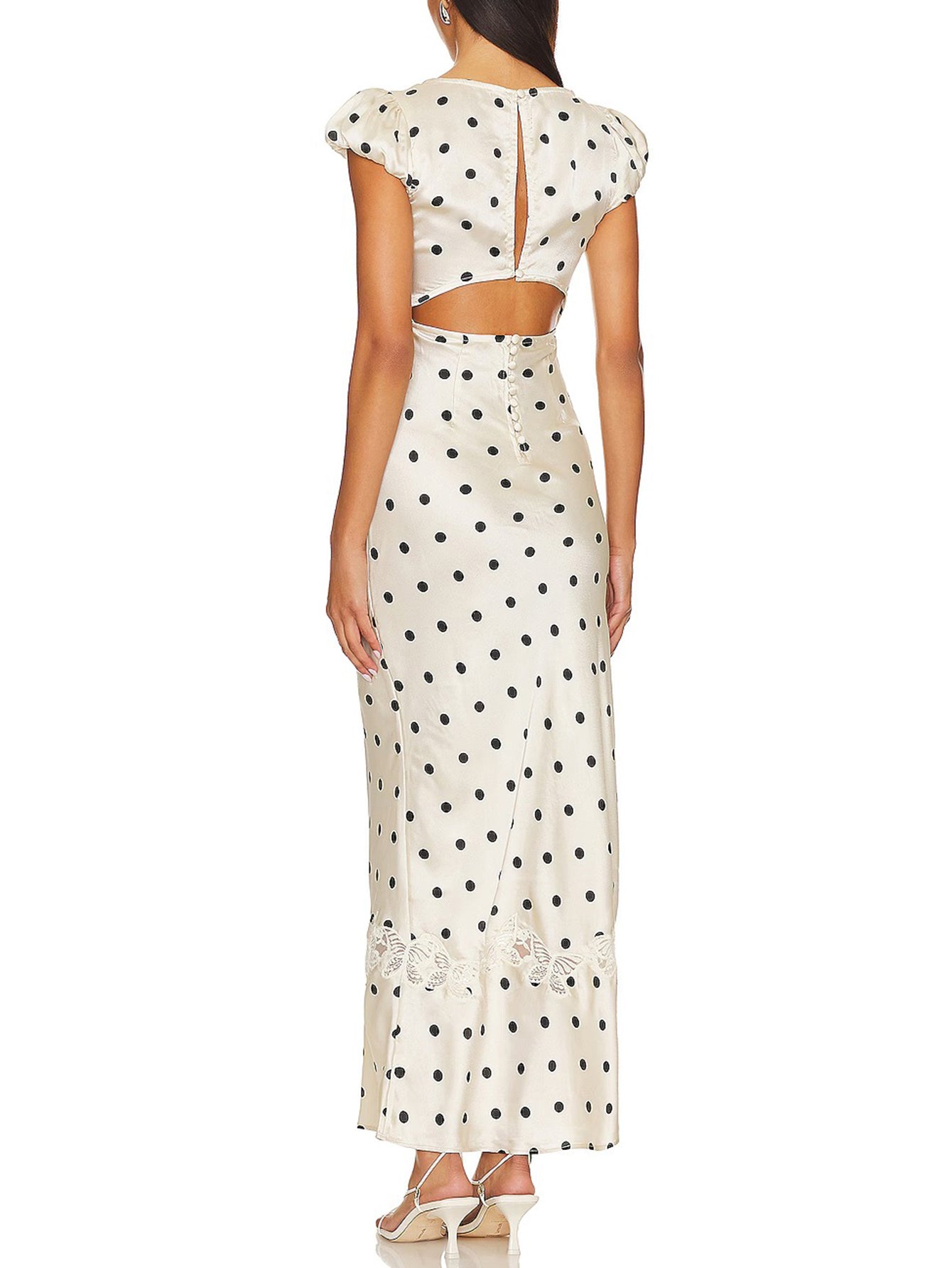 Polka Dot Silk Maxi Dress with Lace Detailing