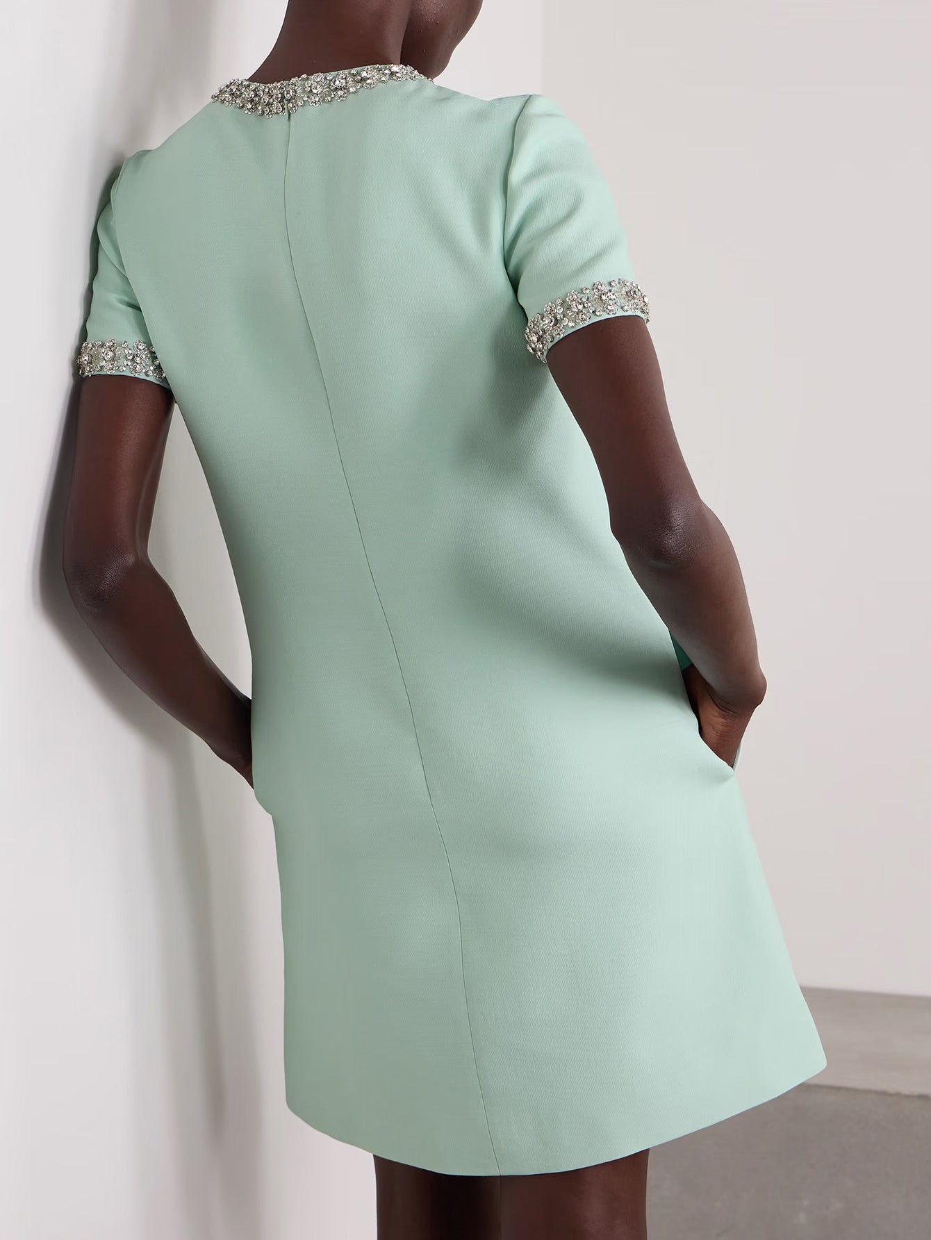 Embellished Mint Wool-Crepe Mini Dress