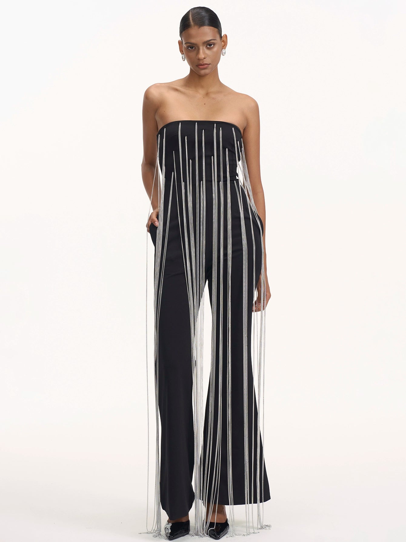 Cascading Chain Tassel Off-The-Shoulder Gown