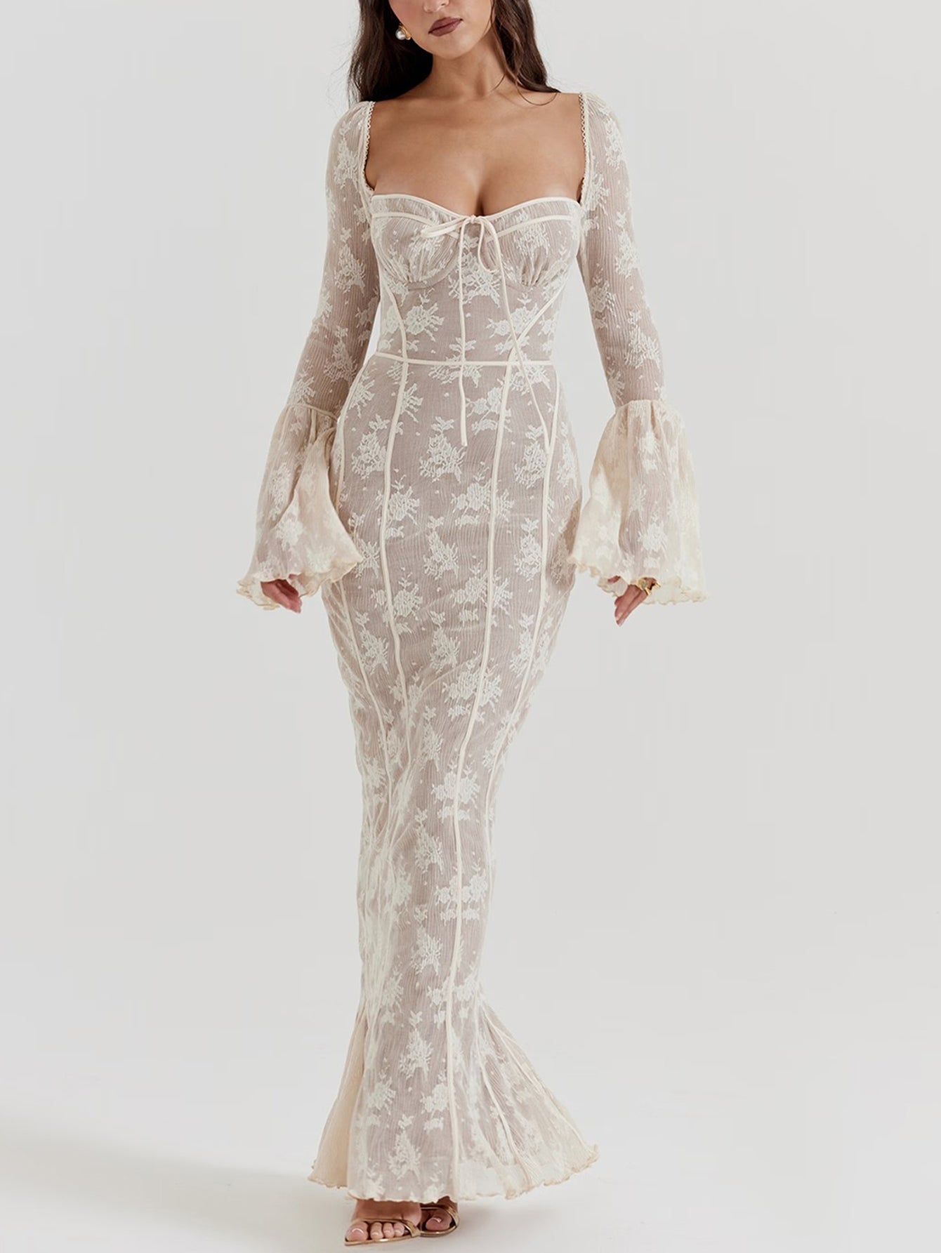 Floral Lace Gown with Flared Sleeves