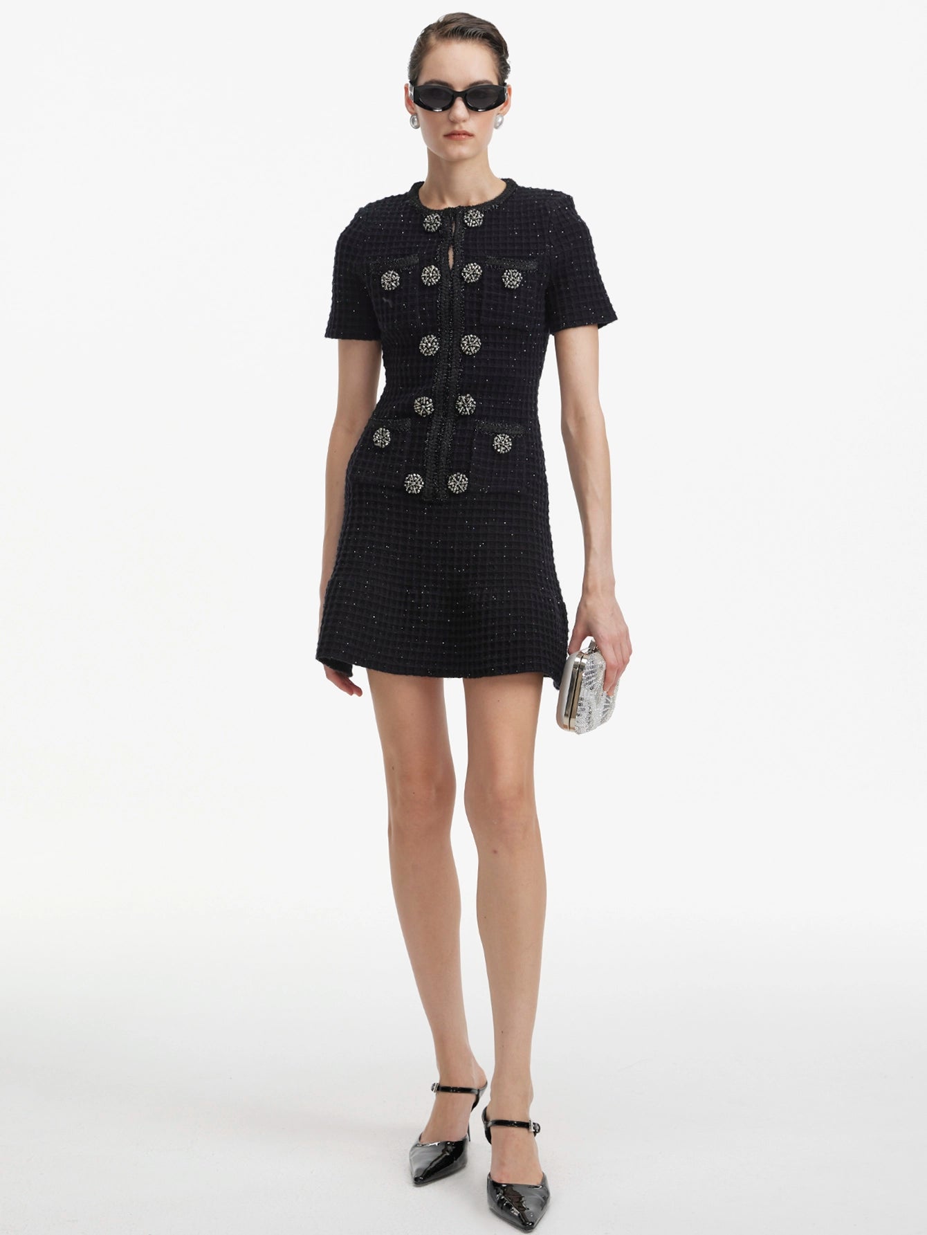 Black Tweed Mini Dress with Crystal Buttons