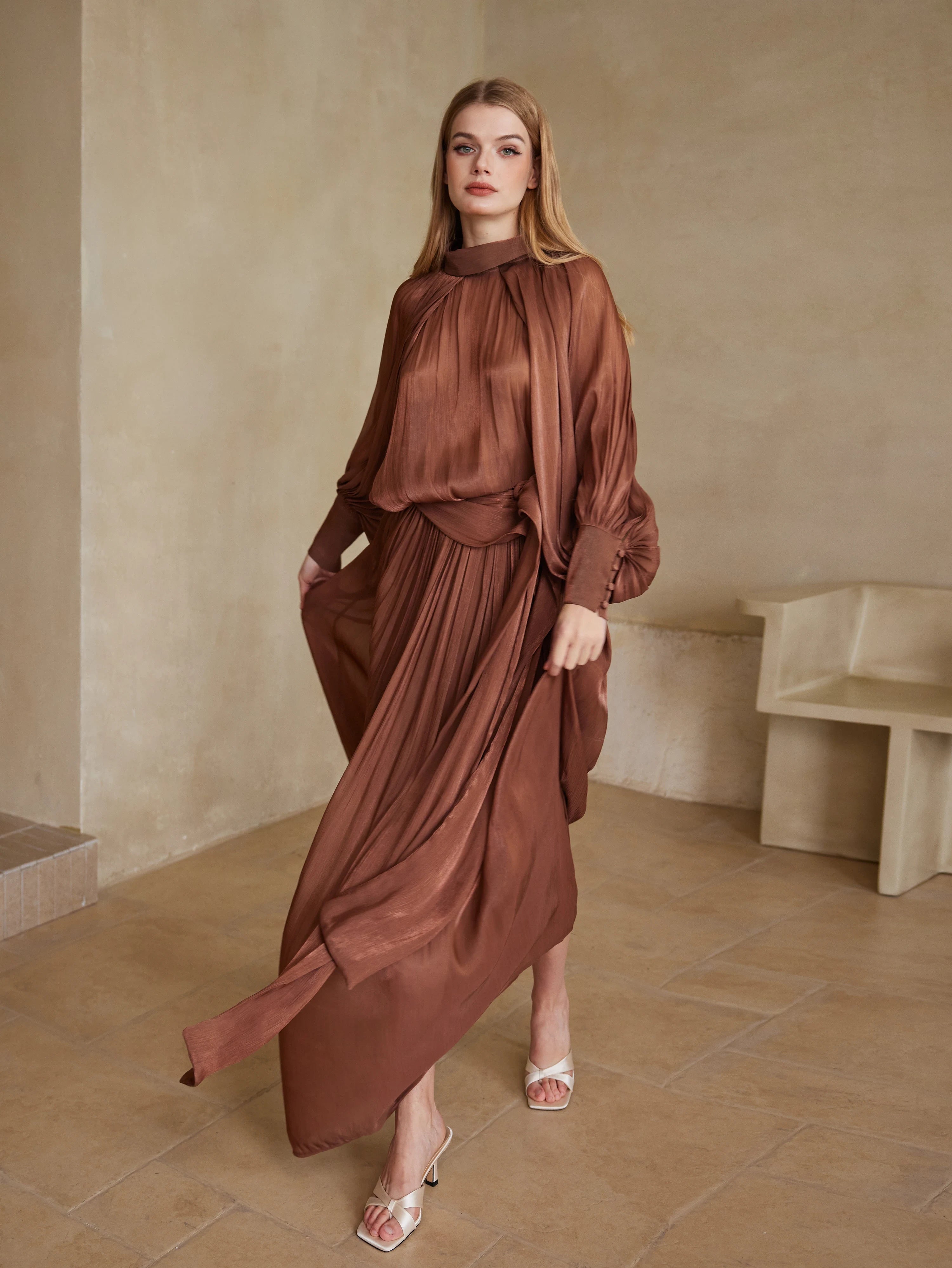 Elegant Silk-Touch Cape Top & Skirt Set