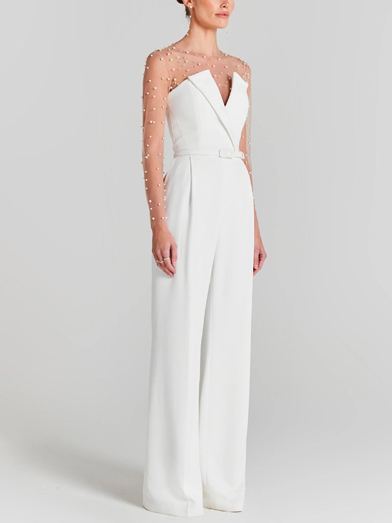 Pearl Beaded White Jumpsuit - Elegant Formal Wear for Women