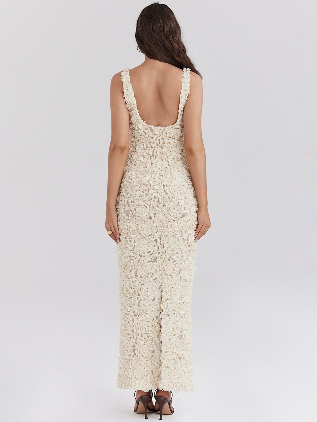 Creme Applique V Neck Sleeveless Maxi Dress - fashionprilin