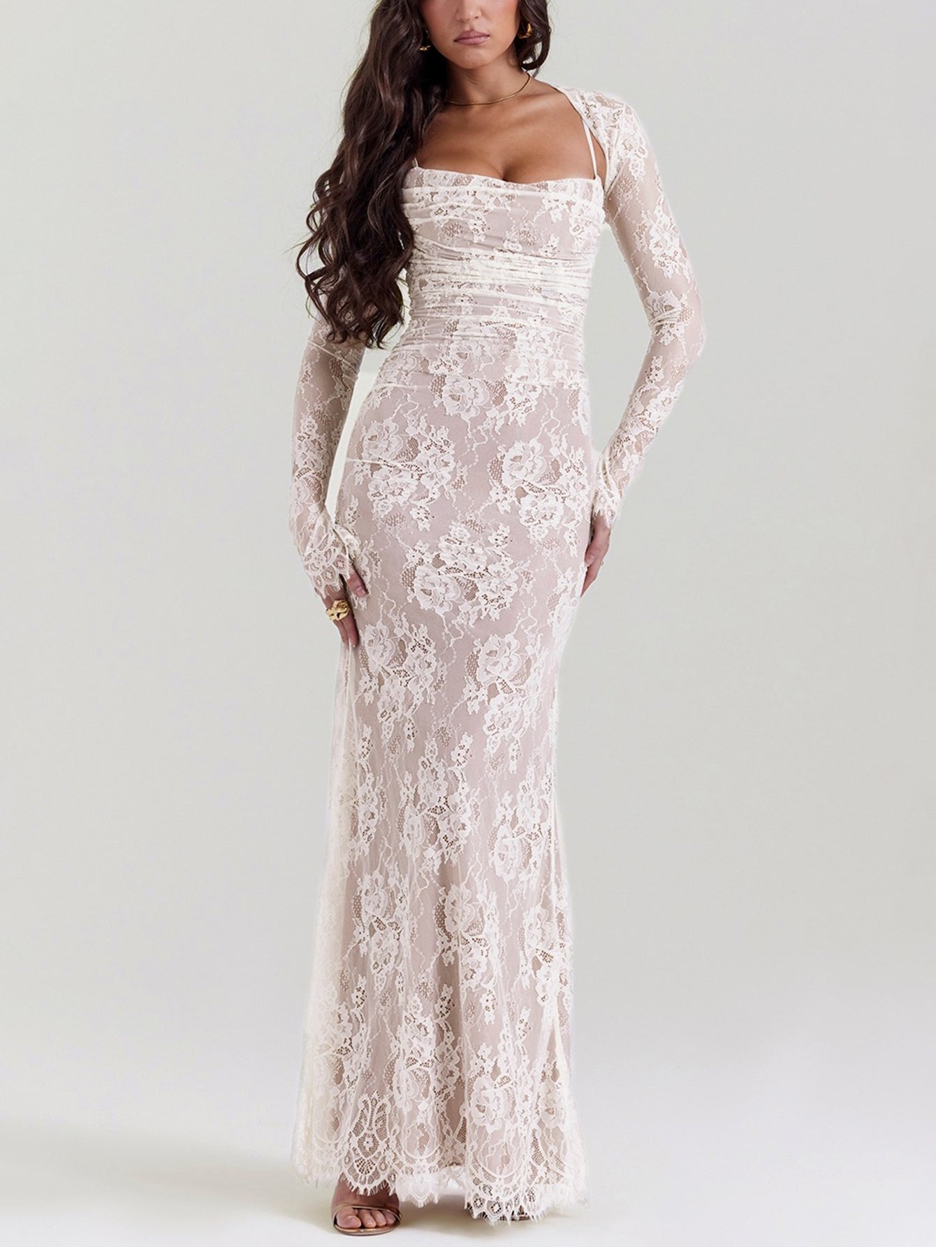 Sexy Shrug Ruched Lace Maxi Fishtail Dress - fashionprilin